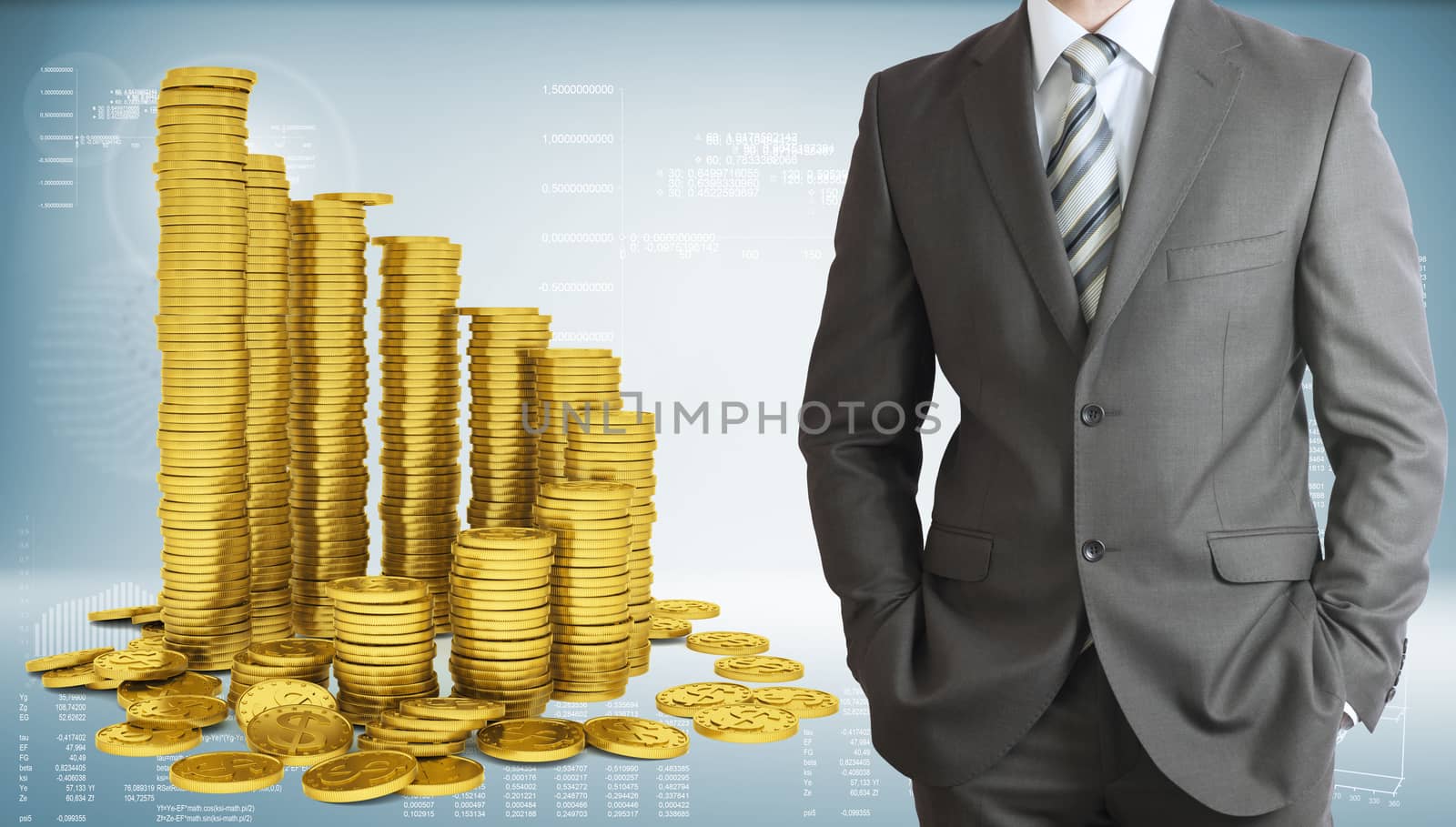 Businessman with pyramid of gold coins. Graphs and texts as backdrop