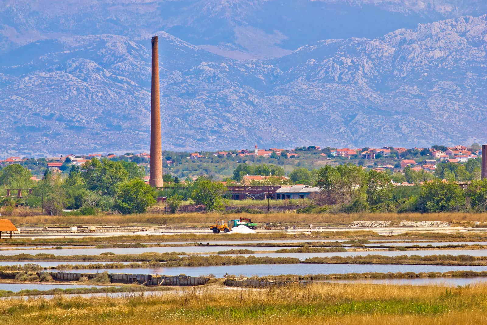 Salt fields of Nin view, Velebit mountain background