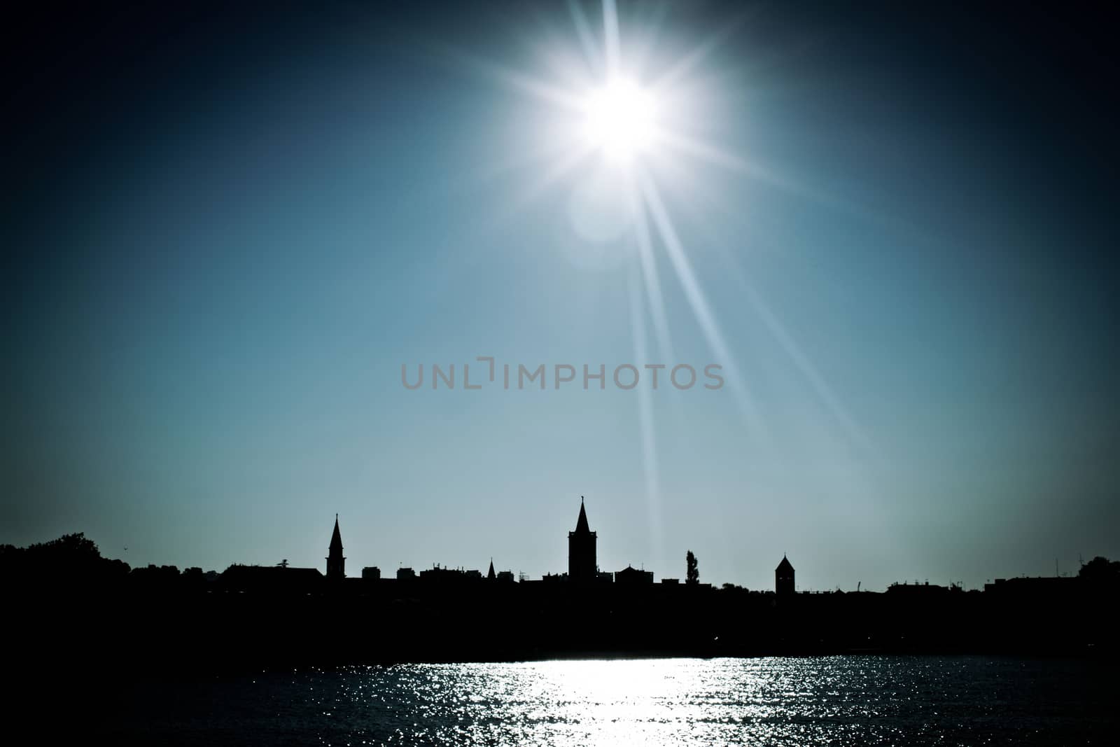 Adriatica Town of Zadar silhouette under sun, Dalmatia, Croatia