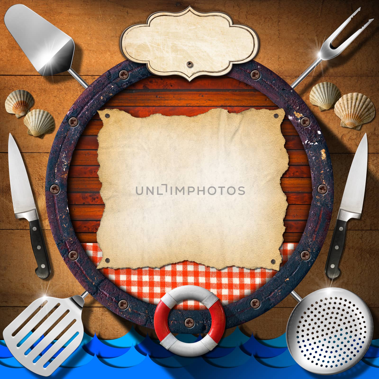 Barrel with kitchen utensils, tablecloth, empty parchment and label, seashells, blue waves on wooden background. Template for recipes or seafood menu
