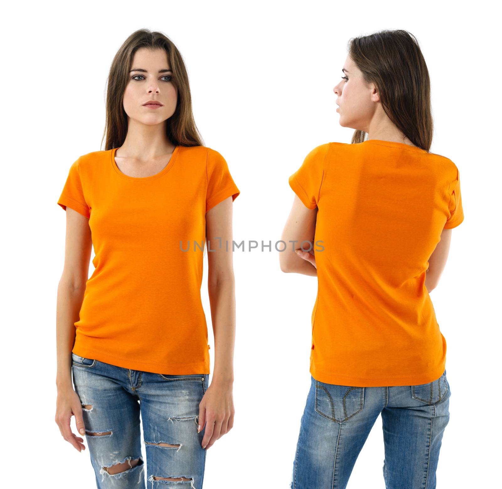 Sexy woman with blank orange shirt and jeans by sumners