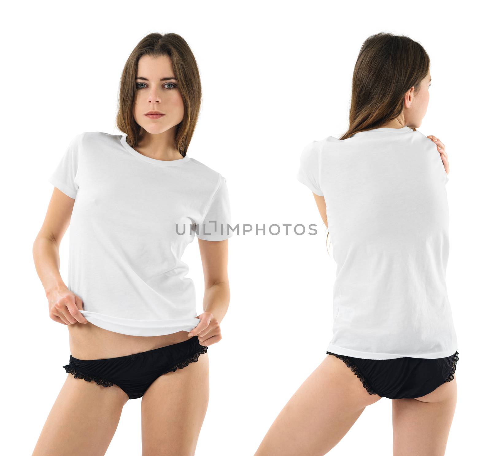 Photo of a young sexy female wearing underwear and blank white shirt, front and back. Ready for your design or artwork.