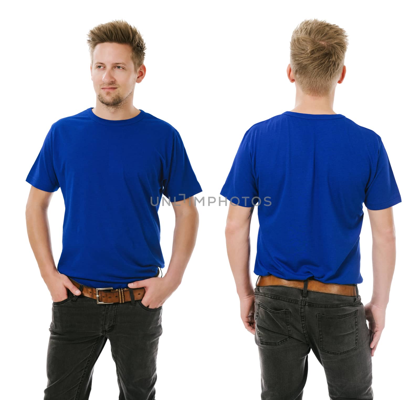 Photo of a man wearing blank blue t-shirt, front and back, tucked into his jeans. Ready for your design or artwork.