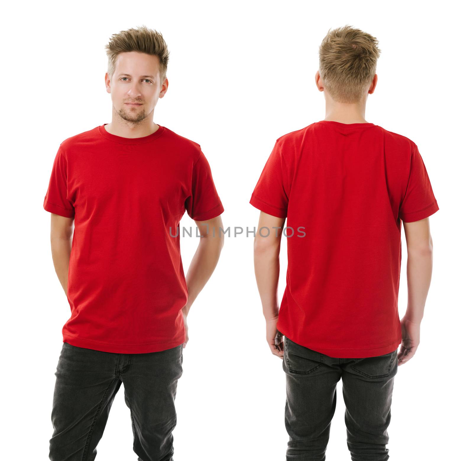 Photo of a man wearing blank red t-shirt, front and back. Ready for your design or artwork.