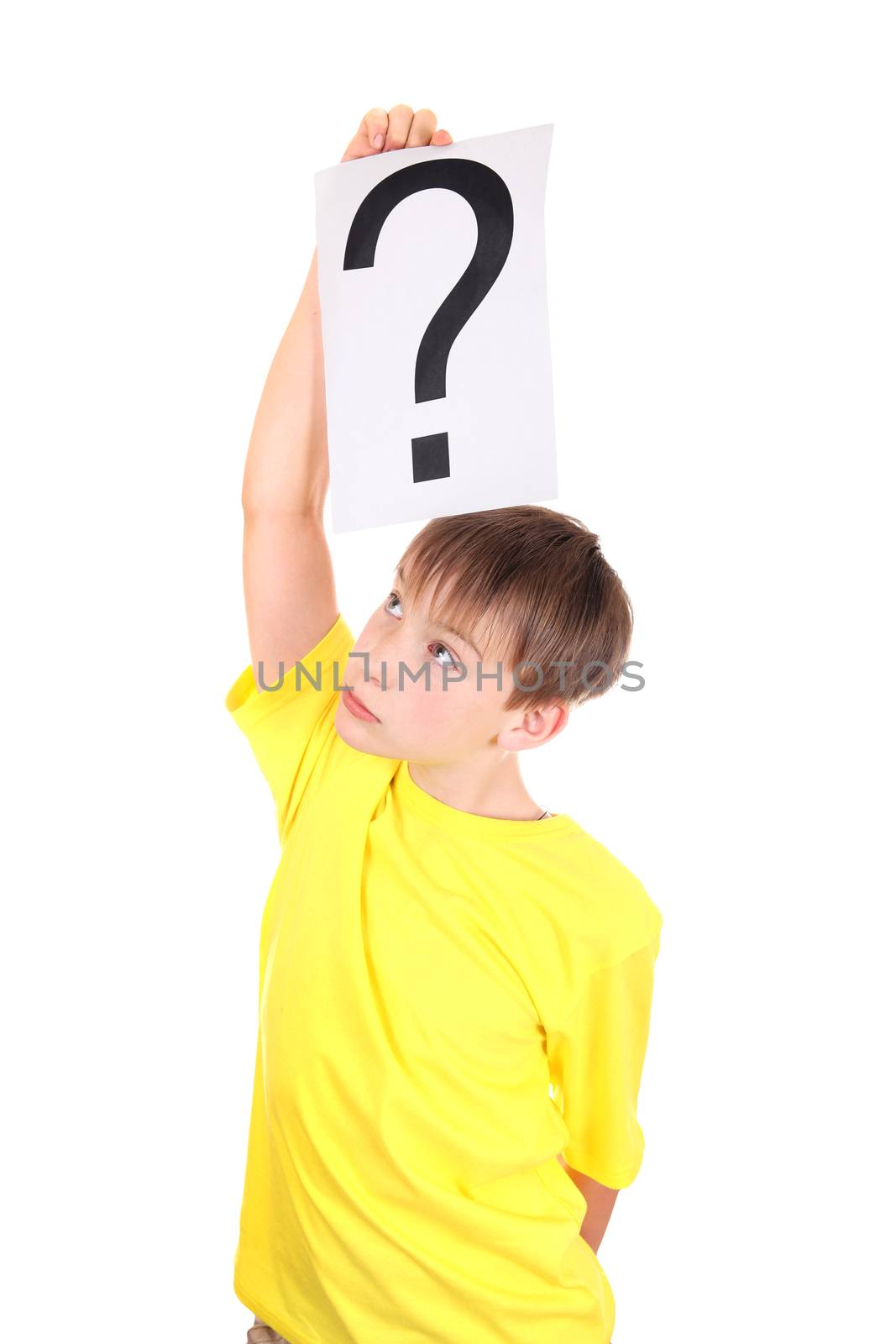 Kid holding a Paper with Question Mark on the White Background