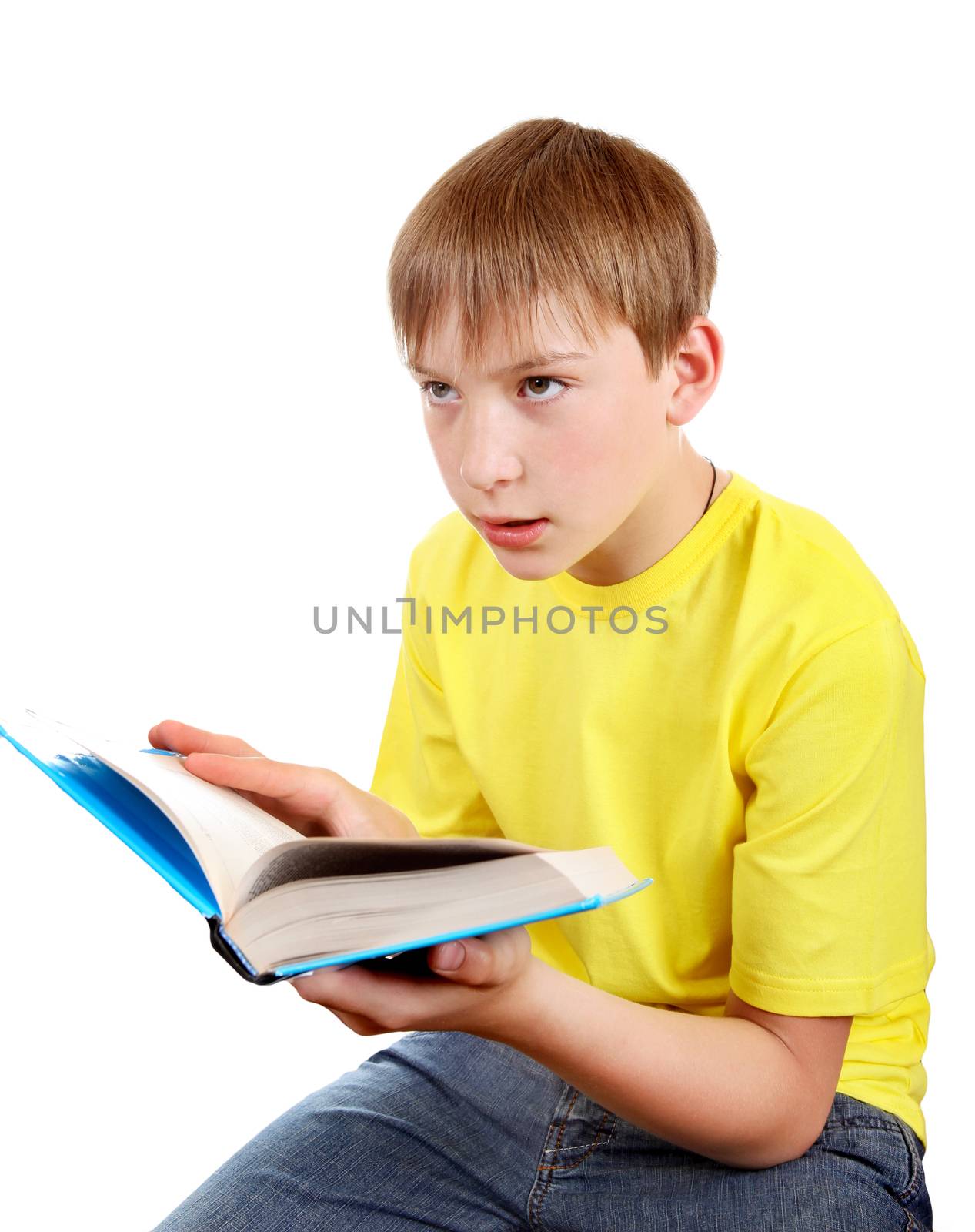 Kid with a Book Isolated on the White Background