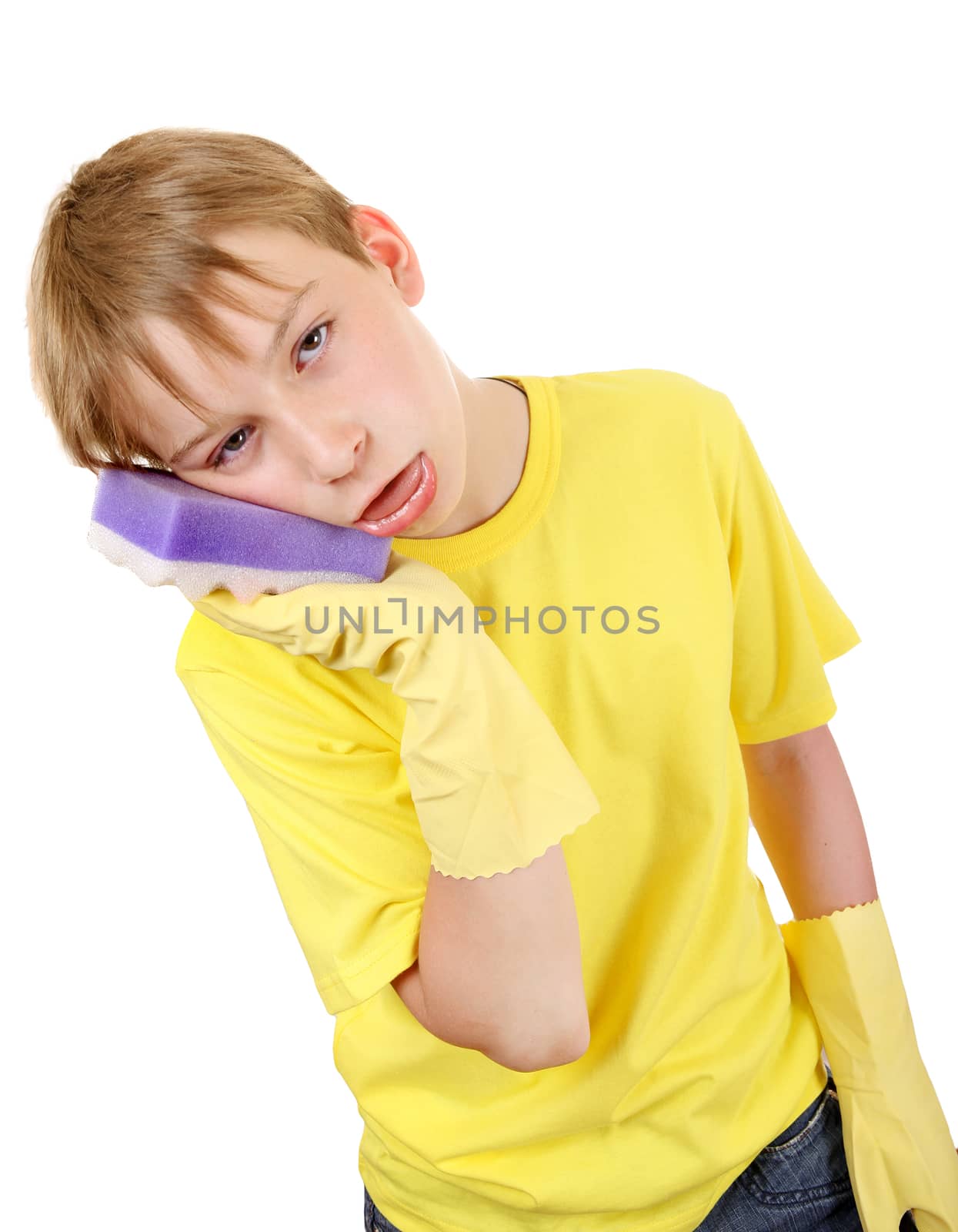 Tired Kid with Bath Sponge and Rubber Gloves Isolated On The White Background