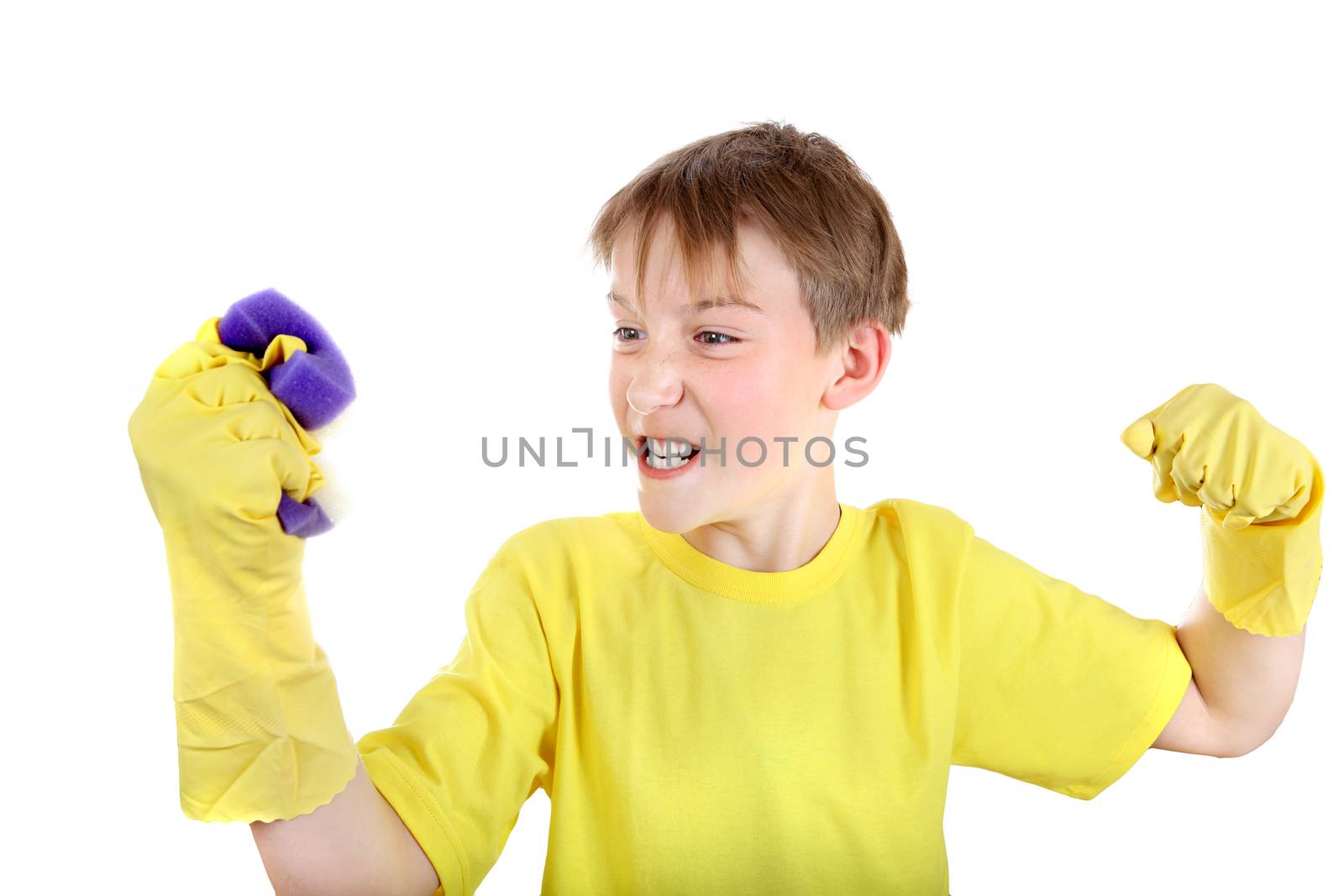 Angry Kid with Bath Sponge and Rubber Gloves Isolated On The White Background
