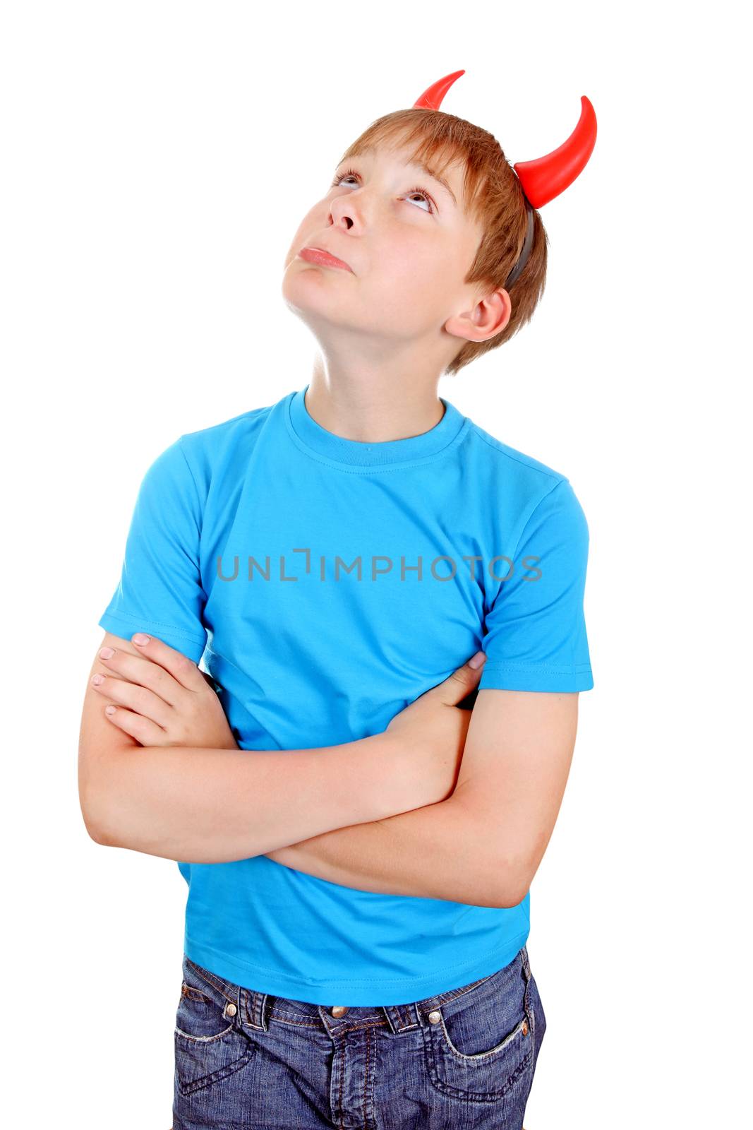 Kid with Devil Horns thinking Isolated on the White Background