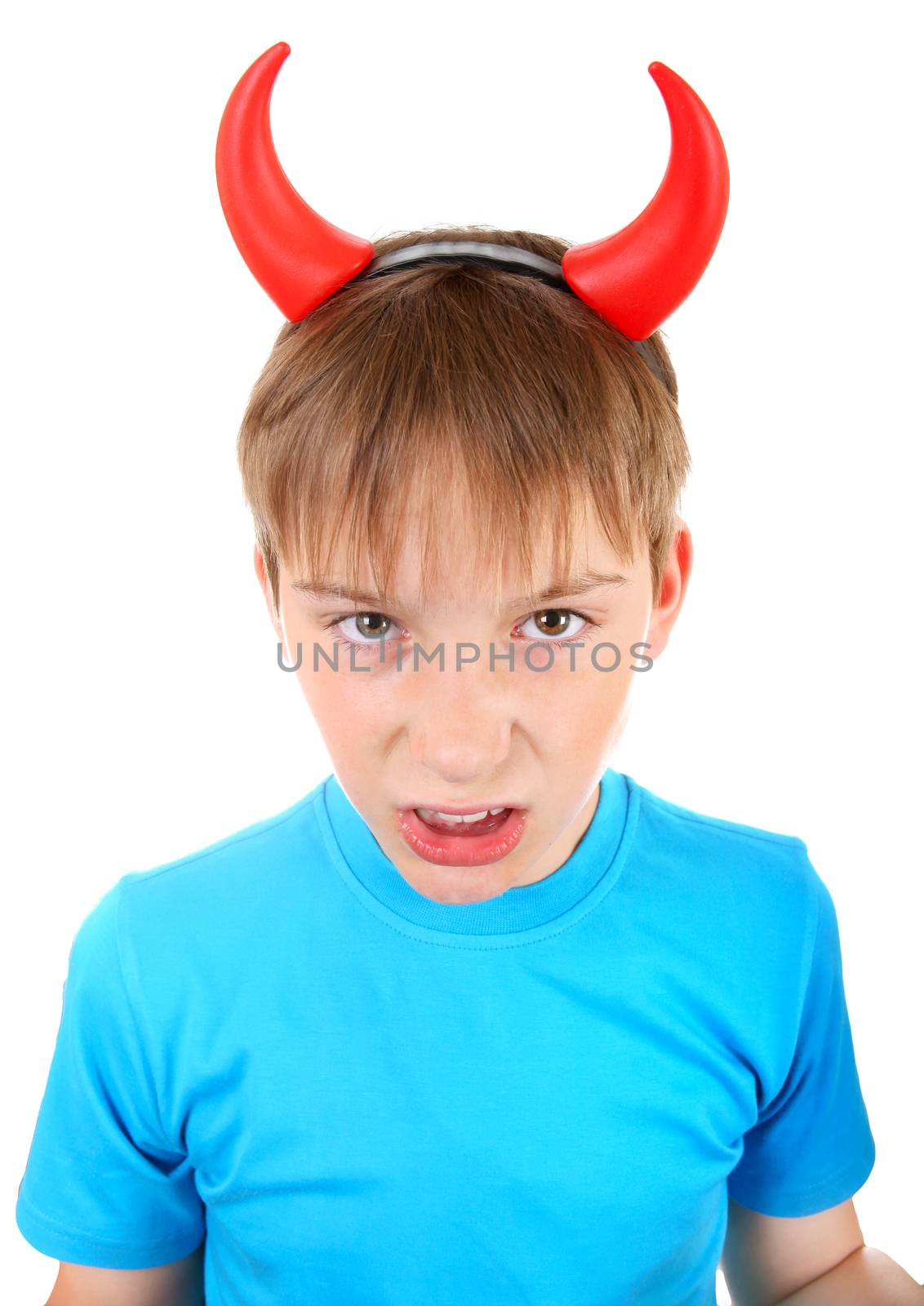 Angry and Naughty Kid with Devil Horns on the Head Isolated on the White Background