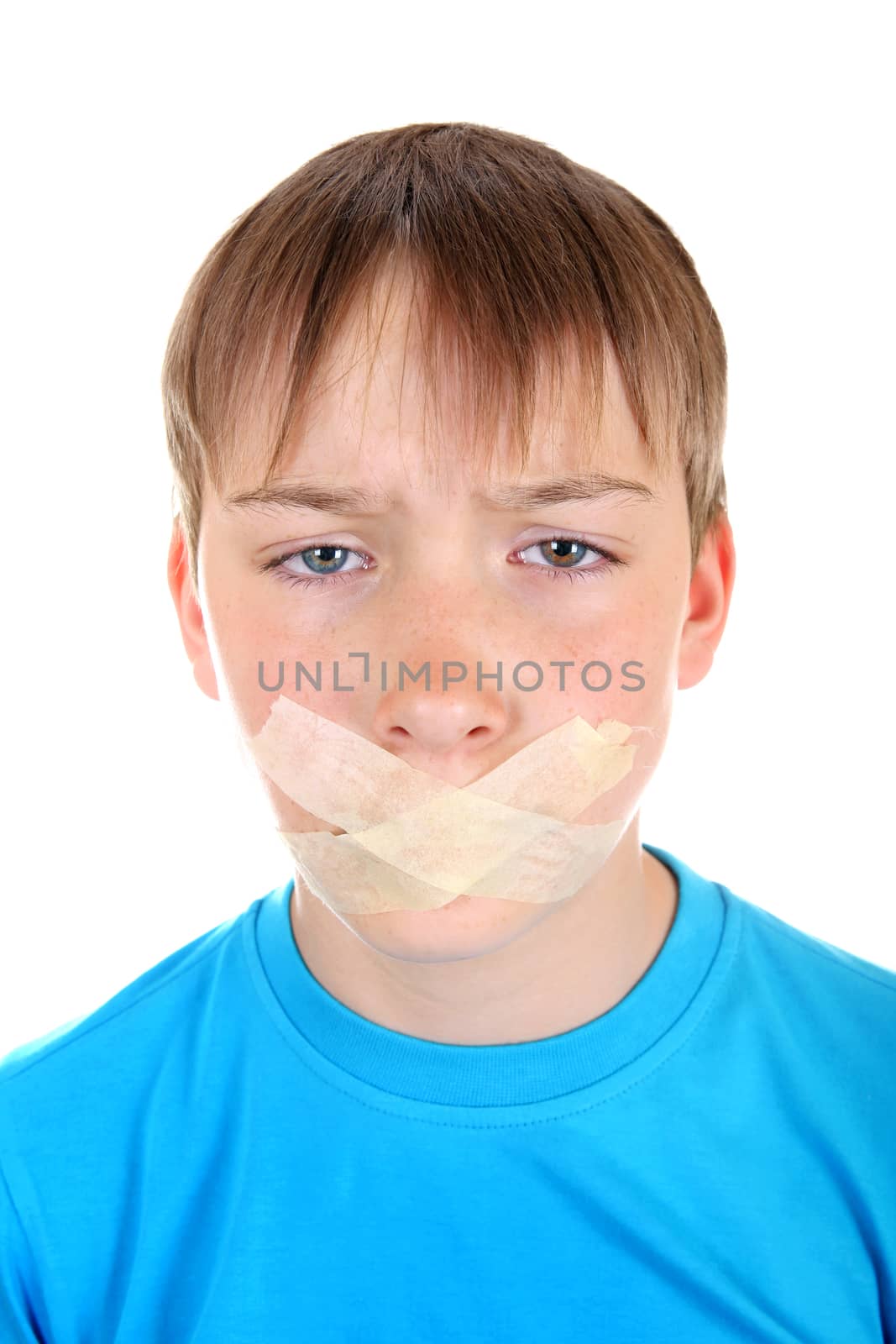 Sad Kid with sealed Mouth Isolated on the White Background