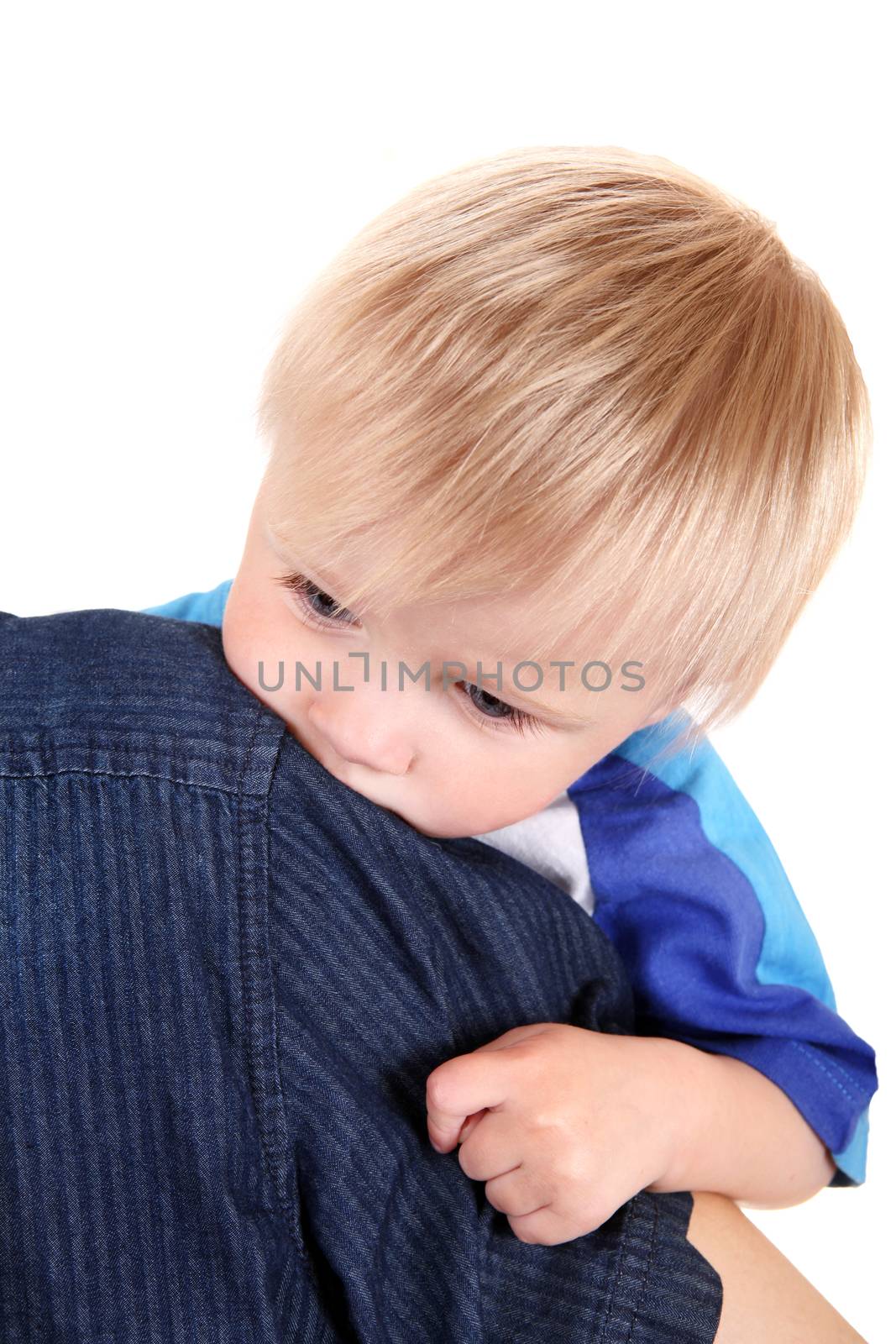 Parent holding Tired Baby Isolated on the White Background