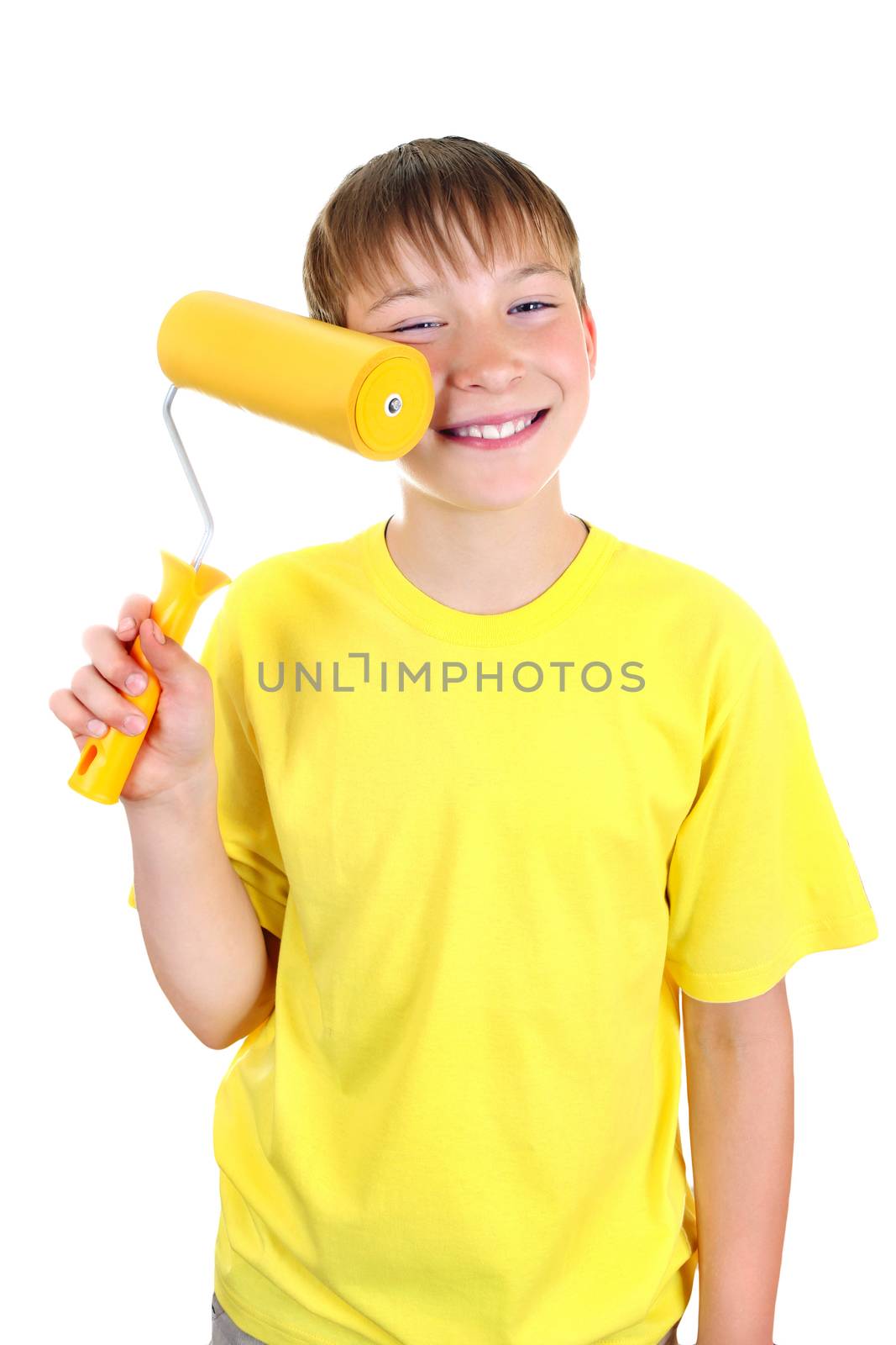 Cheerful Kid with Paint Roller Isolated on the White Background