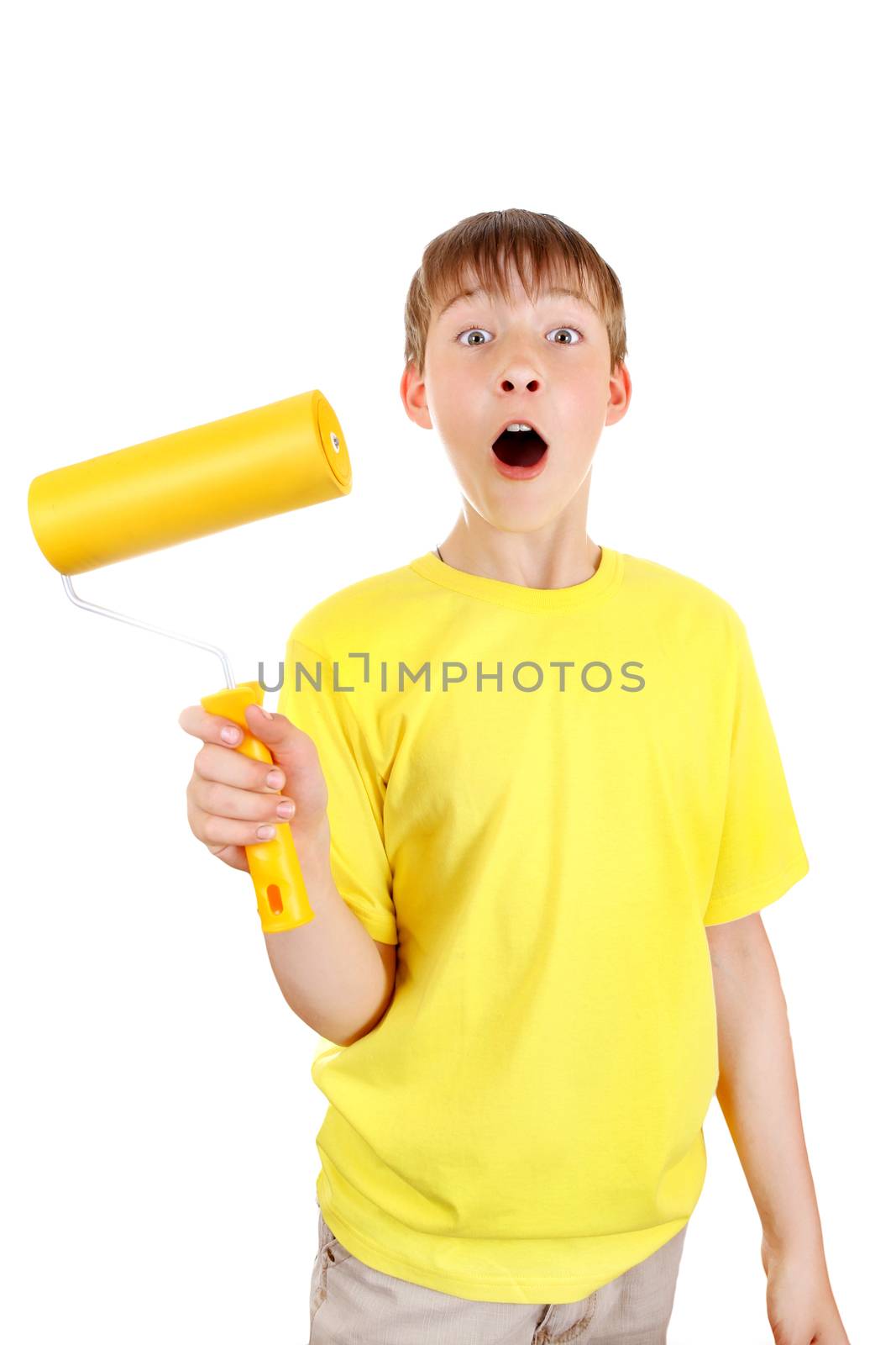 Surprised Kid with Paint Roller Isolated on the White Background