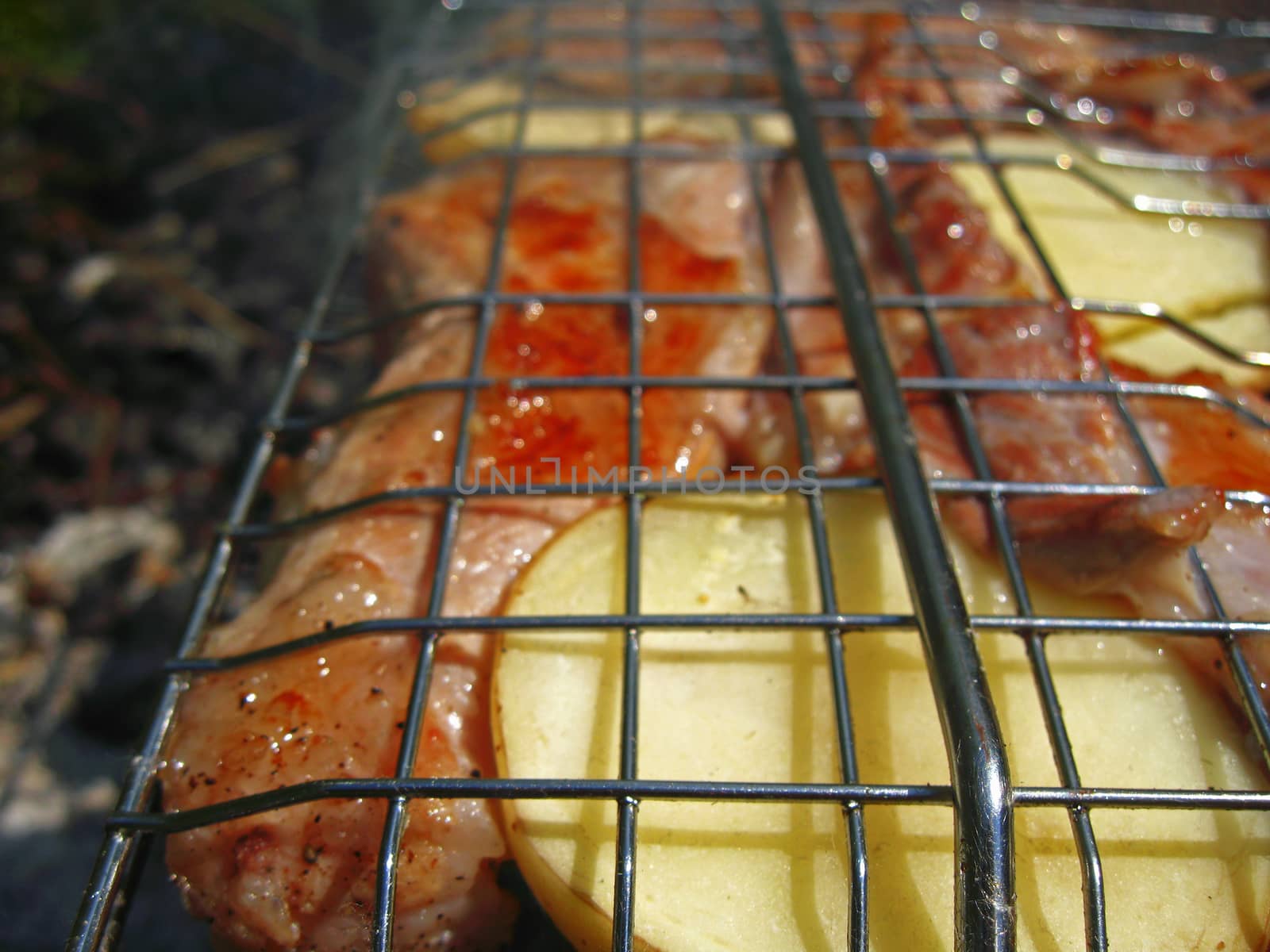 Barbeque fried on the bonfire and coals