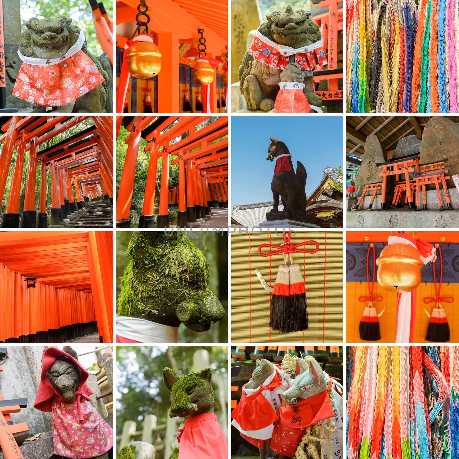 Collection of Fushimi Inari Taisha Shrine scenics, fox statue, thousands of torii, paper cranes of thousand etc.