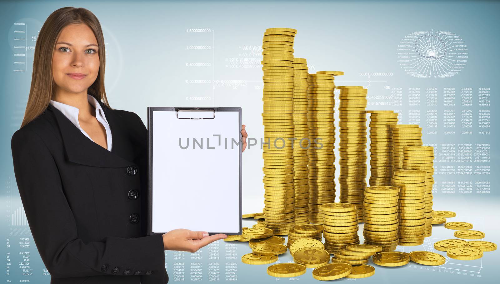 Business woman hold paper holder. Pyramid from gold coins as backdrop