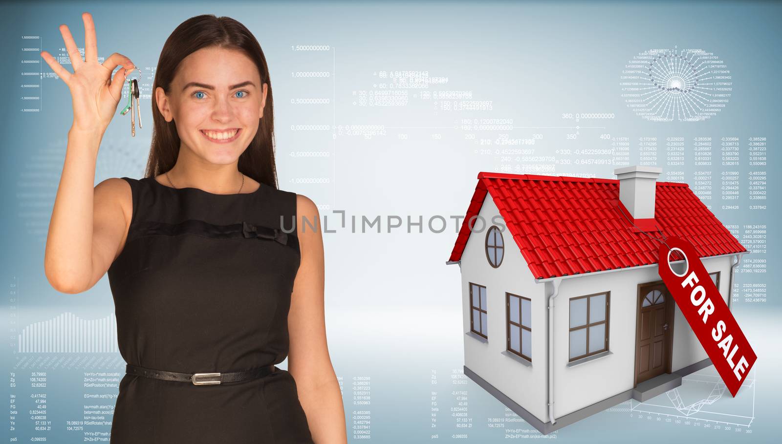 Beautiful woman holding house keys. Small home with label for sale as backdrop