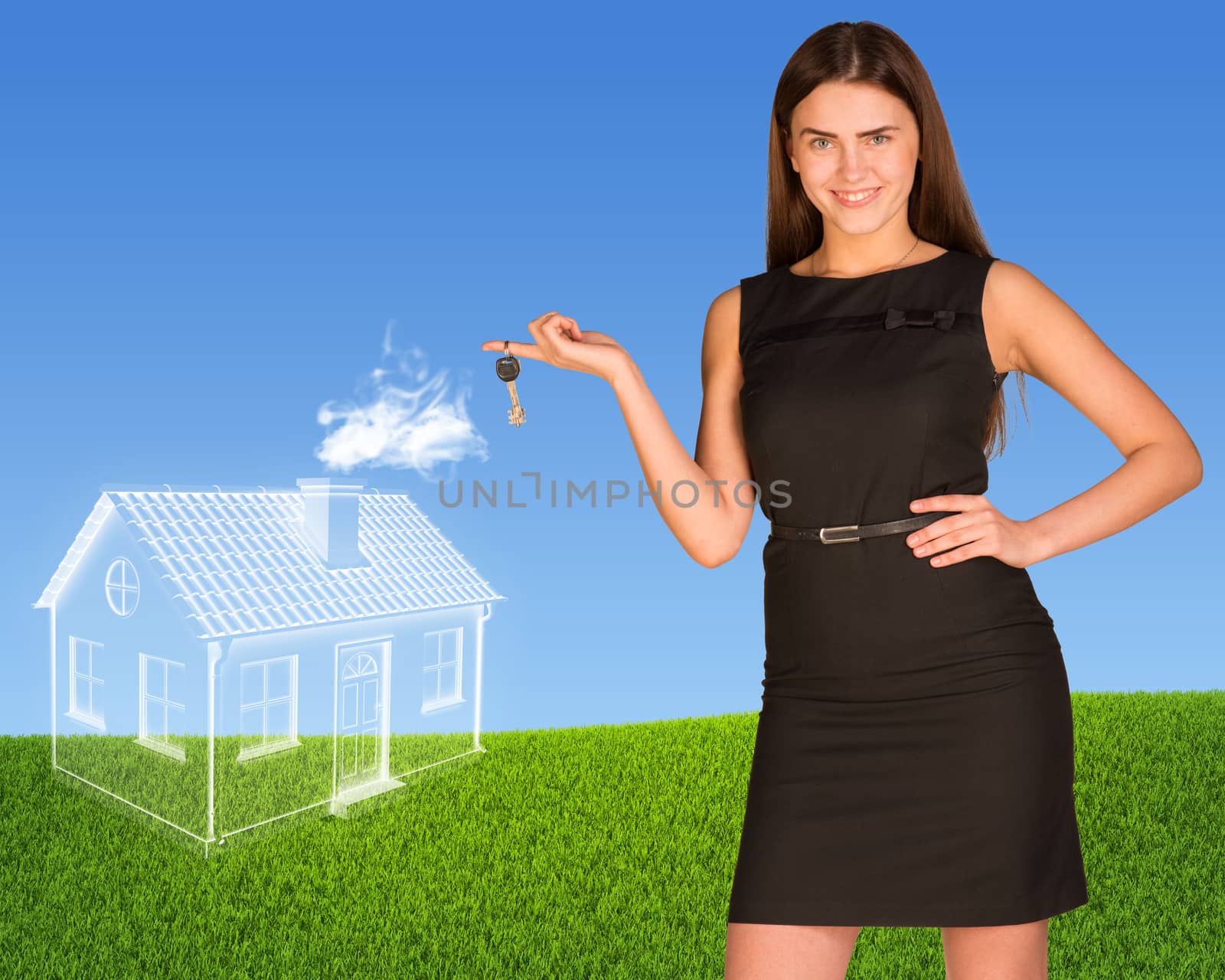 Business lady holding keys and clouds in form of house by cherezoff