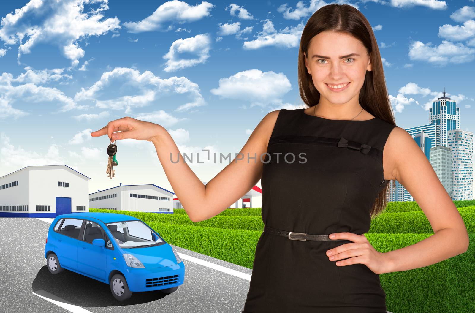 Woman with car key in hand. Small automobile on road by cherezoff