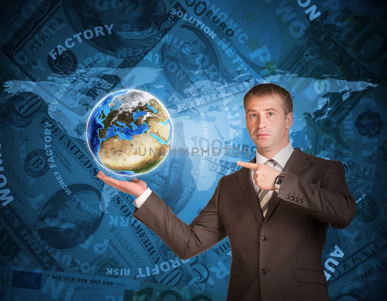 Business man hold Earth. World map and money on background by cherezoff