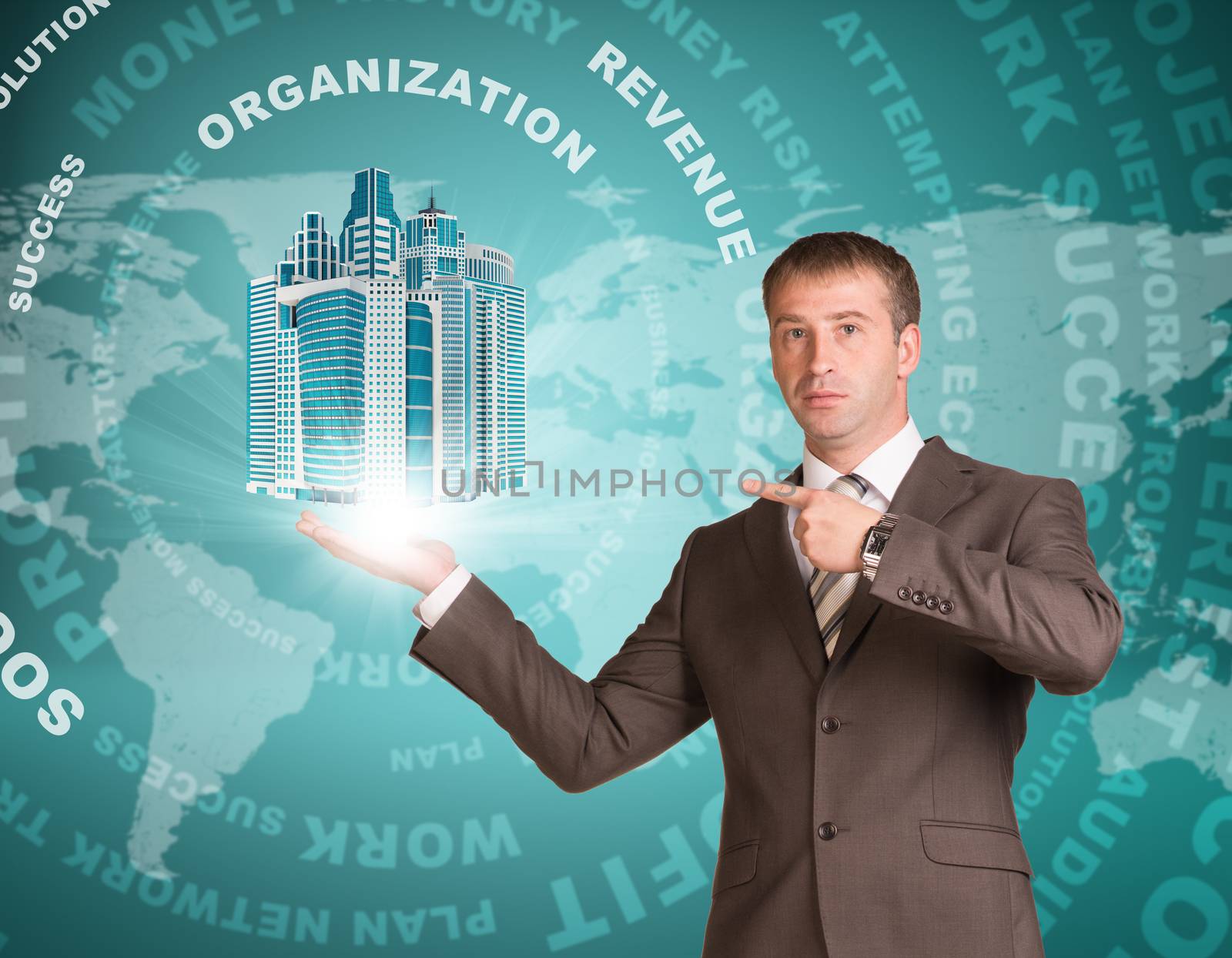 Business man hold skyscrapers in hand. Business words and world map as backdrop