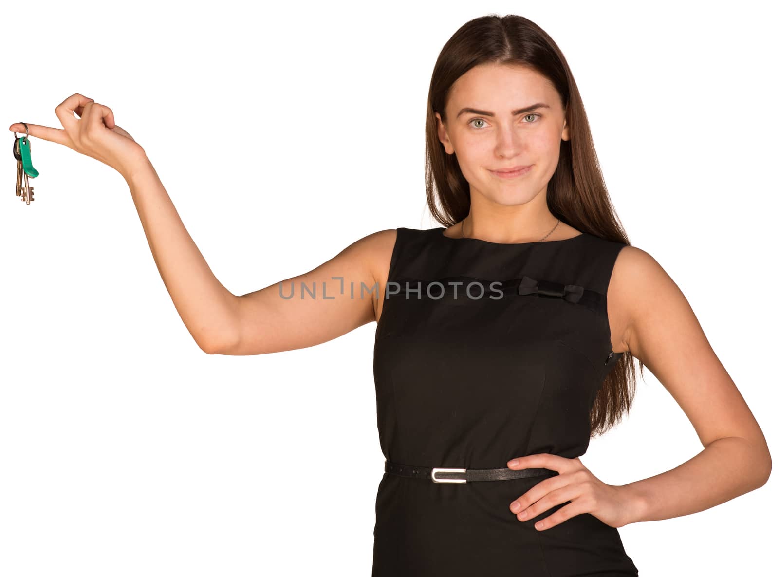 Businesswoman in dress holding house keys. Isolated on white background