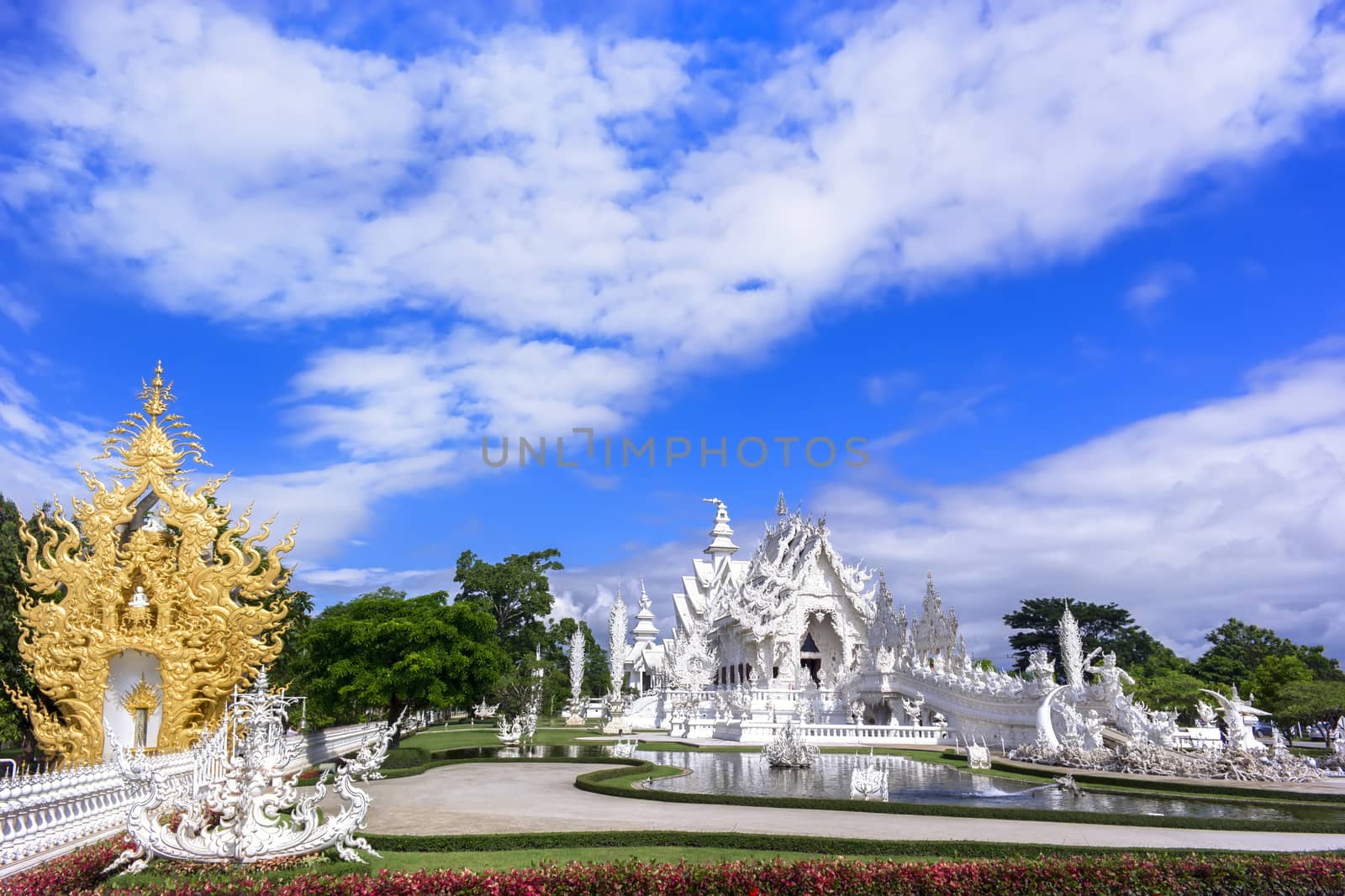White Temple Panorama. Contemporary unconventional Buddhist temple in Chiang Rai, Thailand.