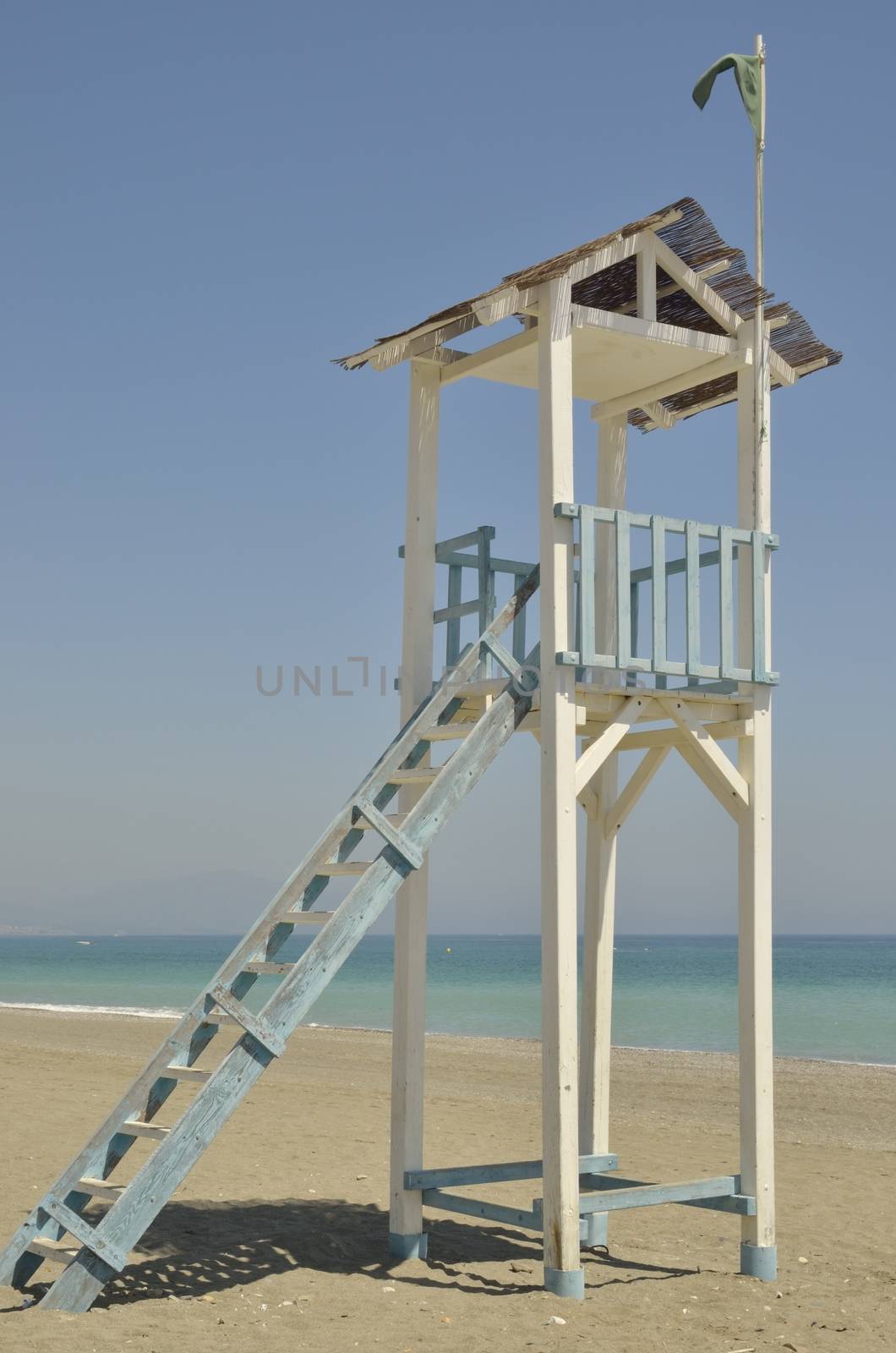 Lifeguard tower on a beach in Manilva, Malaga, Spain