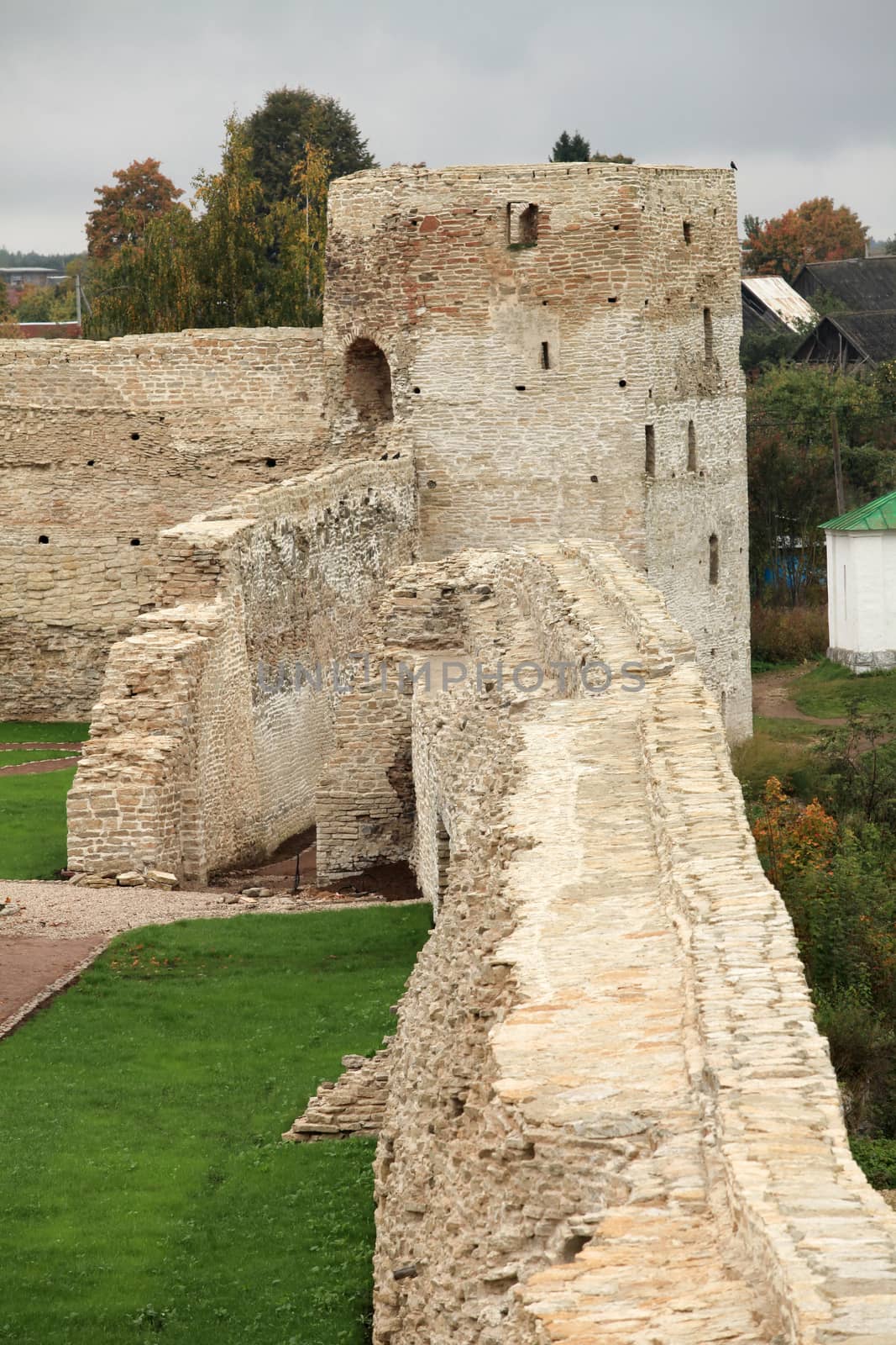 old fortress wall Pskov  Russia autumn