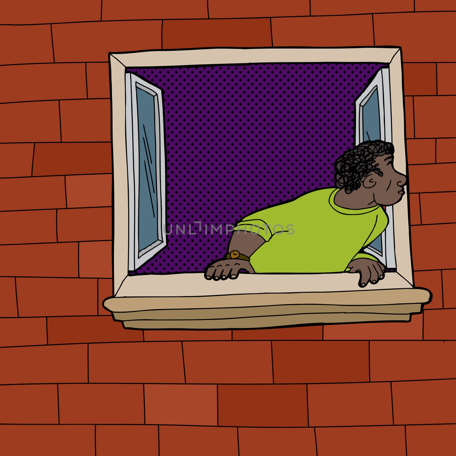 Amazed African adult man looking outside of window