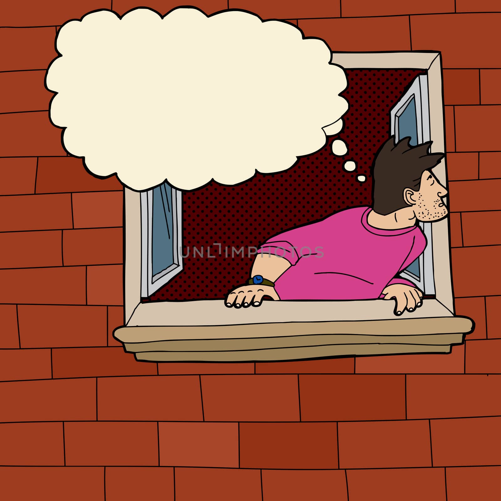 Scruffy man in pink shirt and thought bubble at window