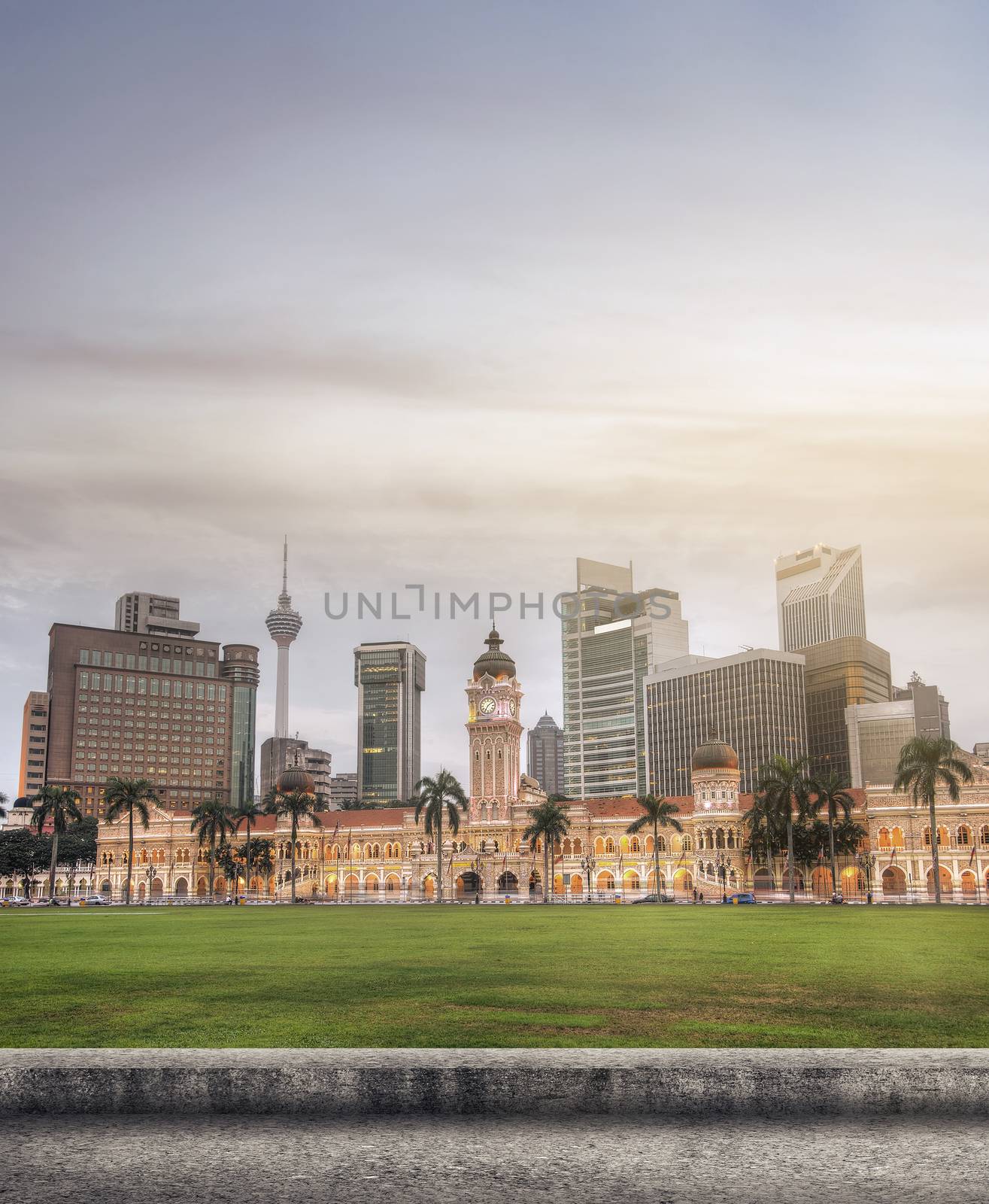 Malaysia city skyline with famous buildings, towers and skyscraper in Kuala Lumpur, Asia.