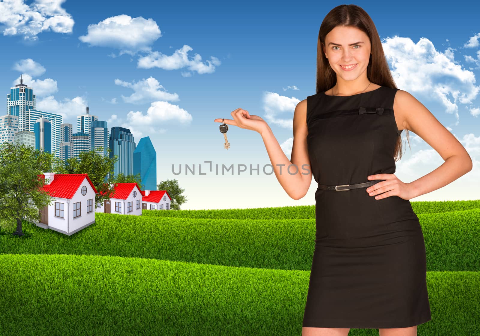 Portrait of business woman holding key on finger. Skyscrapers and houses with landscape as backdrop