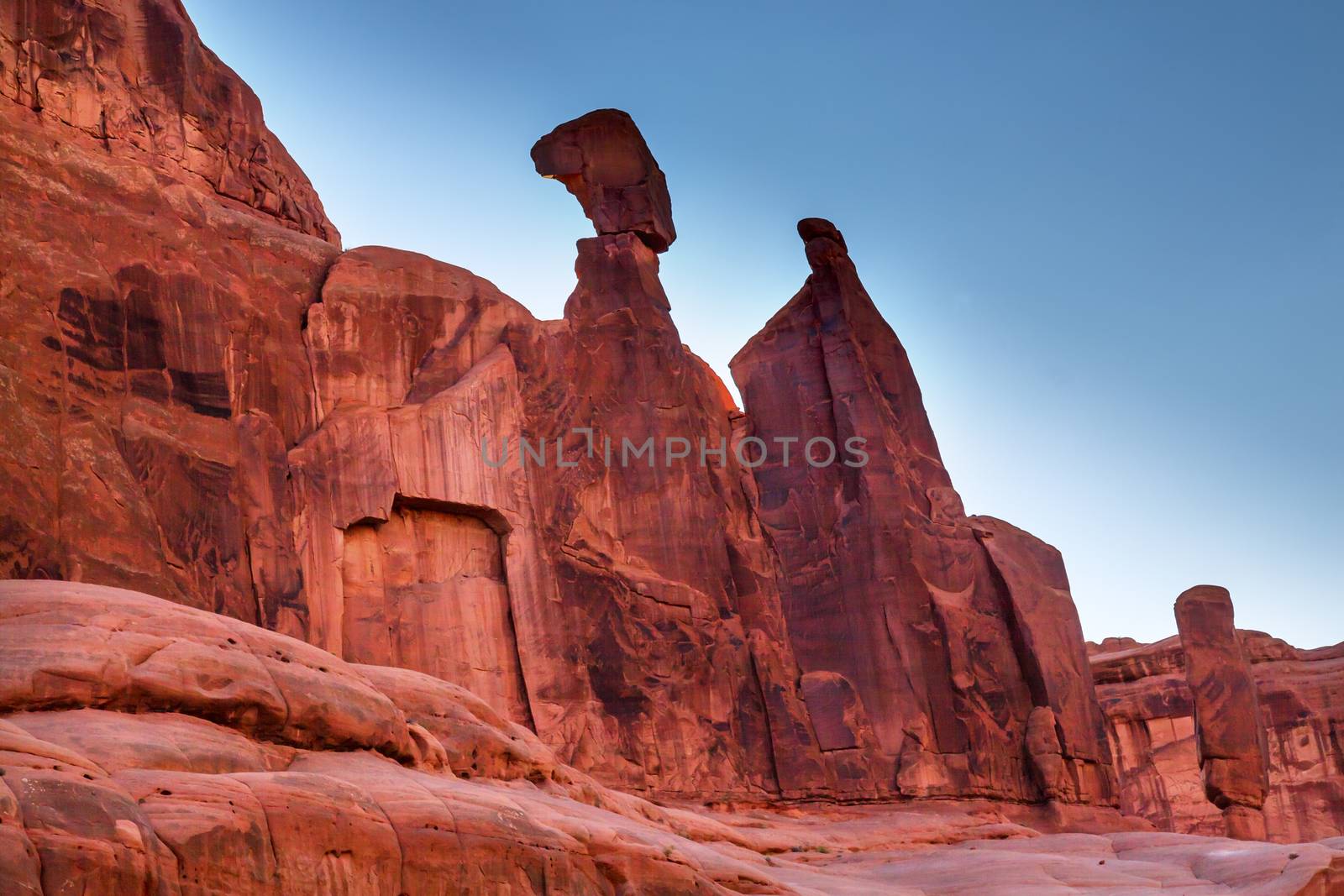 Queen Nefertiti Rock Park Avenue Section Arches National Park Moab Utah USA Southwest. Classic sandstone hoodoo and famous landmark in Arches National Park.