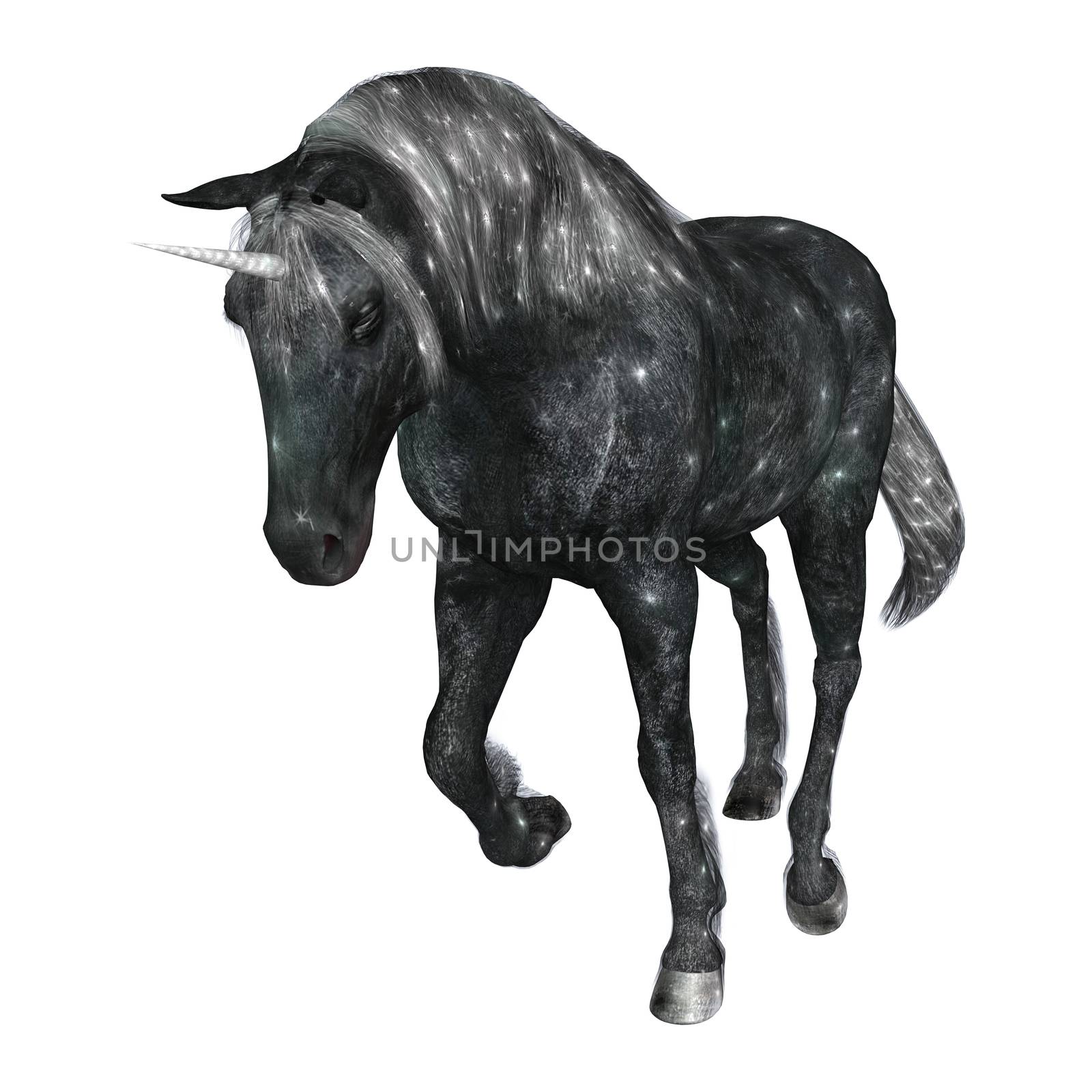 3D digital render of a beautiful sparkling fantasy unicorn isolated on white background