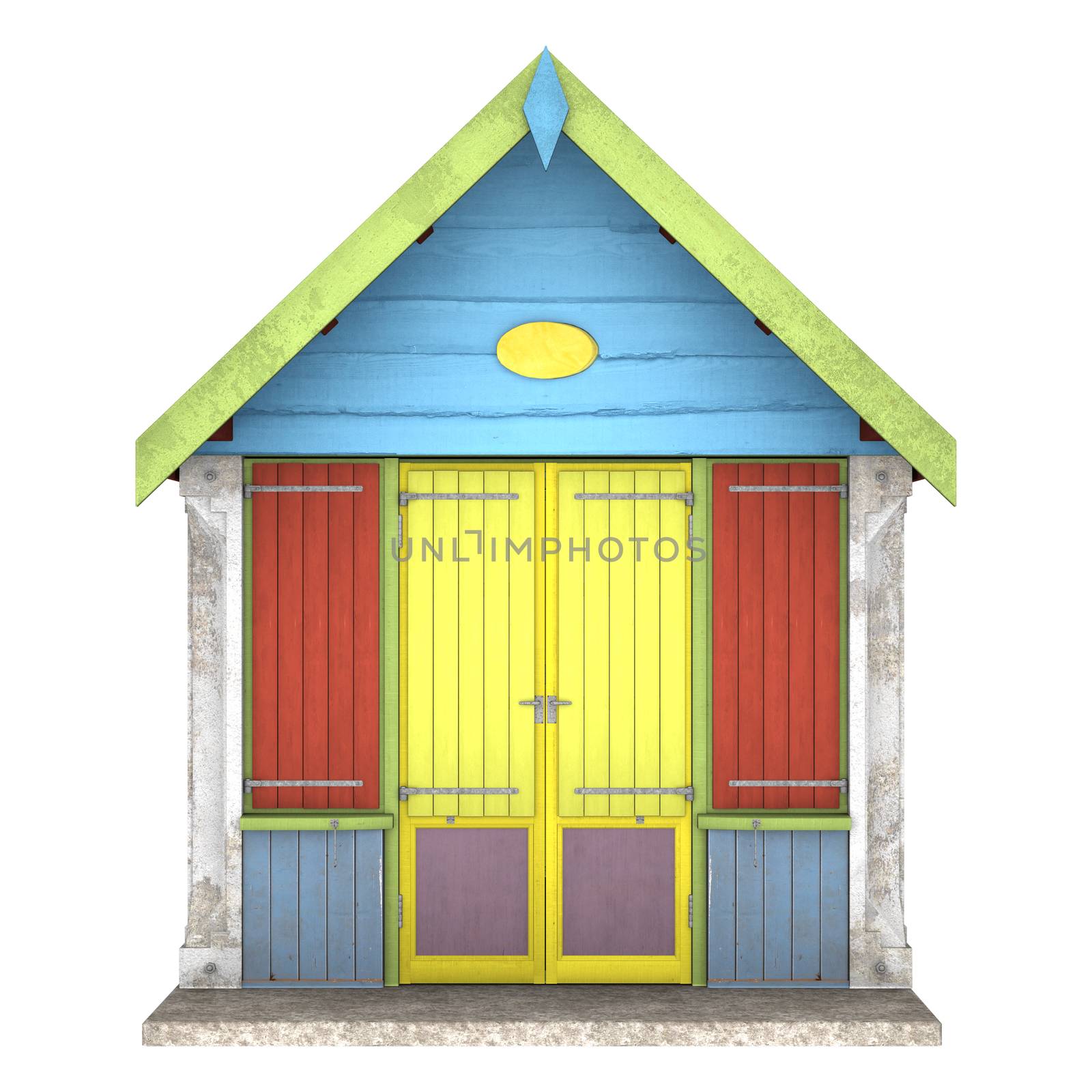 3D digital render of a colourful wooden beach hut isolated on white background