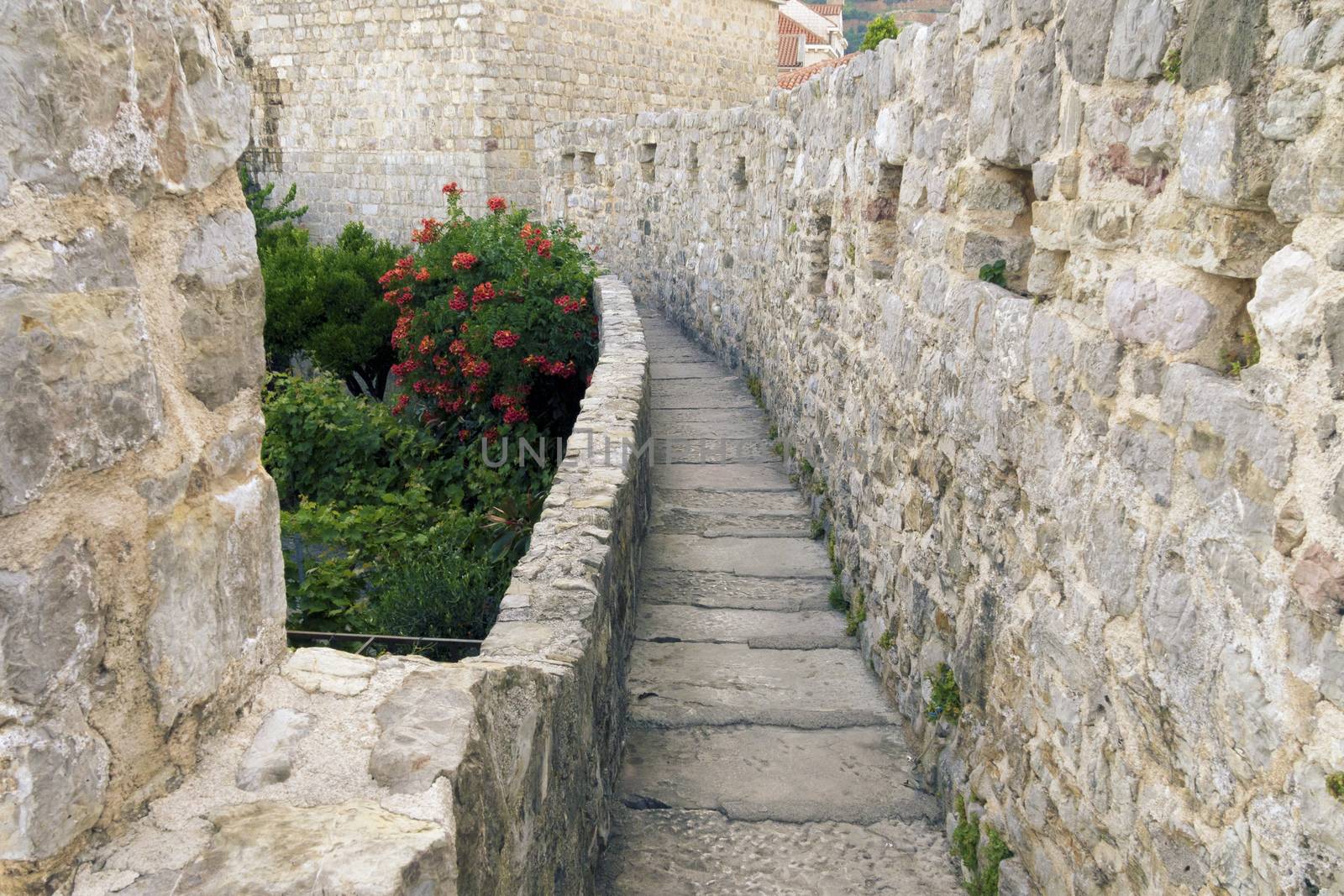 scenic stone pathway in Old City of Budva, Montenegro
