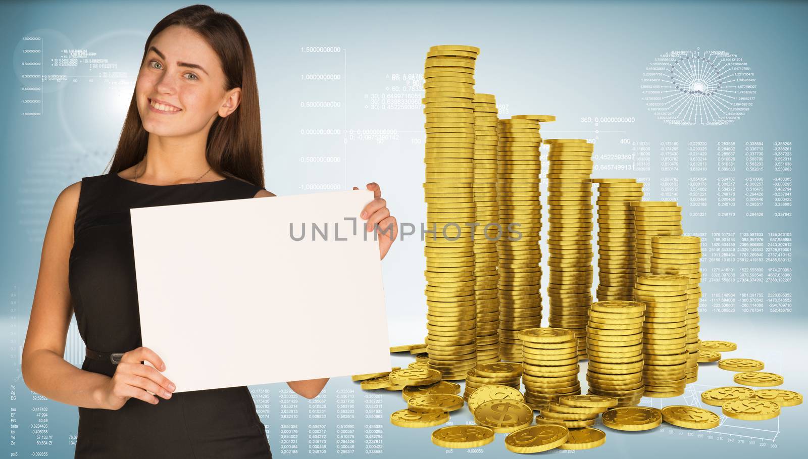 Business woman hold empty paper. Pyramid of gold coins. Graphs and texts as backdrop