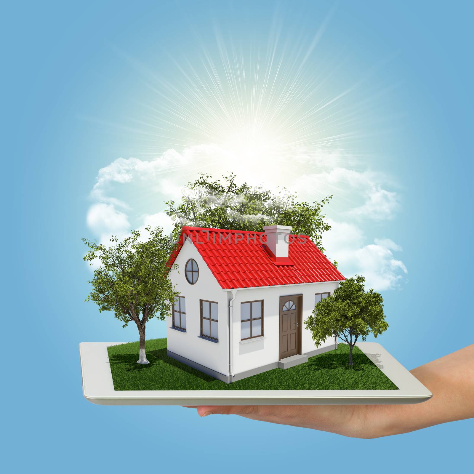 Human hand holding tablet pc with small house and trees. Real estate concept