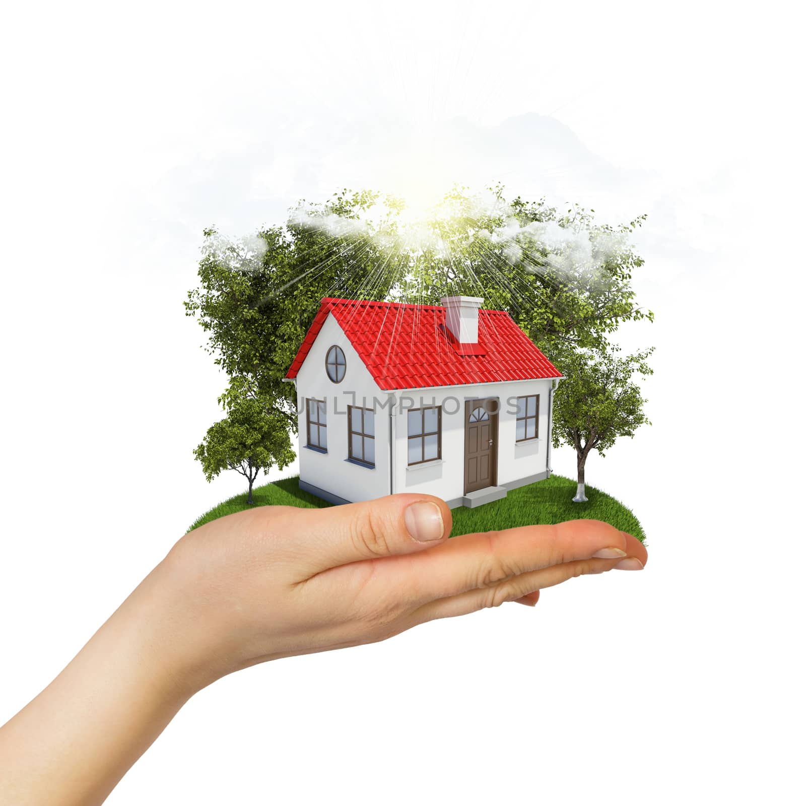 Human hand holding small house with trees and grass. Real estate concept