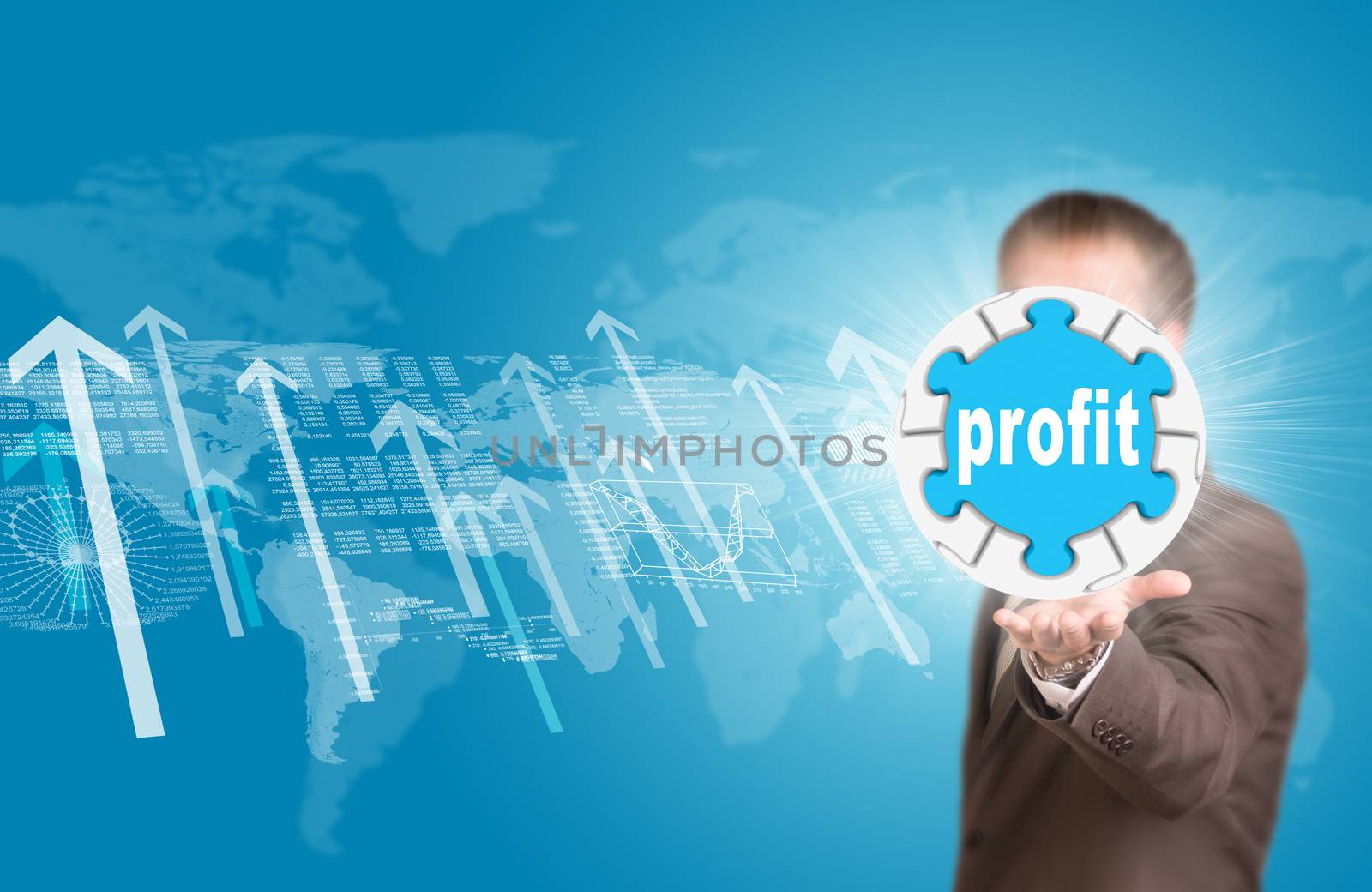 Business man hold puzzle sphere with profit label. World map, graphs and arrows as backdrop