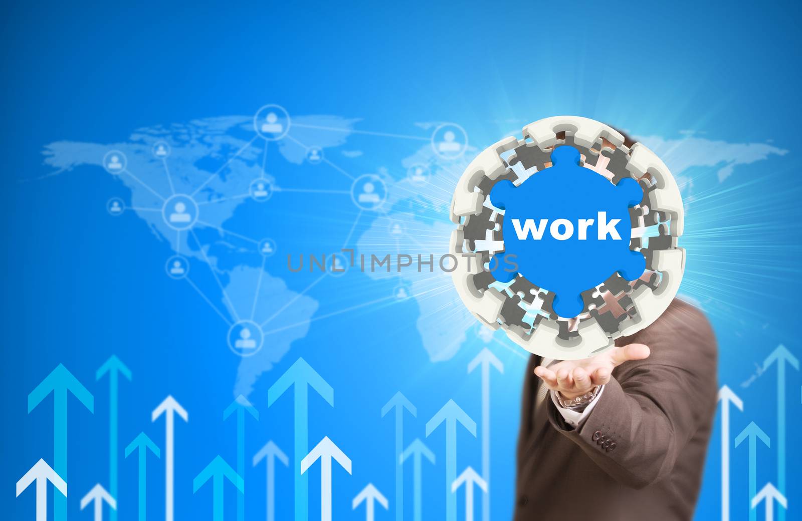 Business man hold puzzle sphere with Work label. World map, contact icons and arrows as backdrop