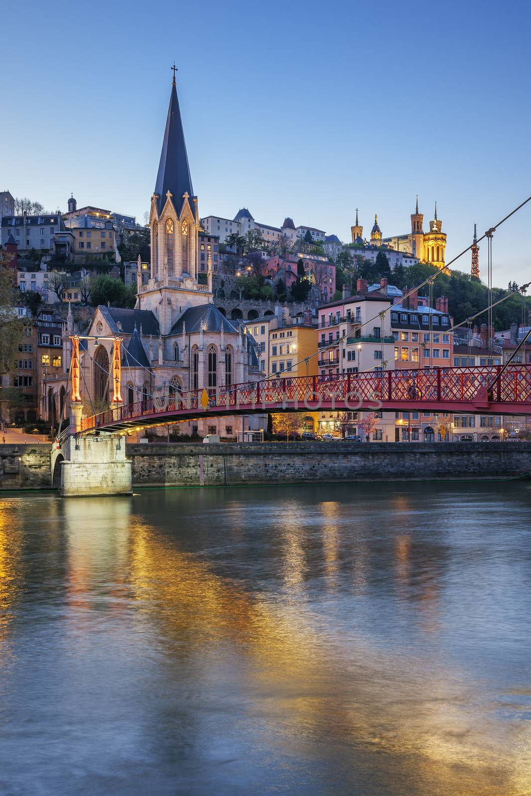 Vertical view of Lyon with Saone river at night 