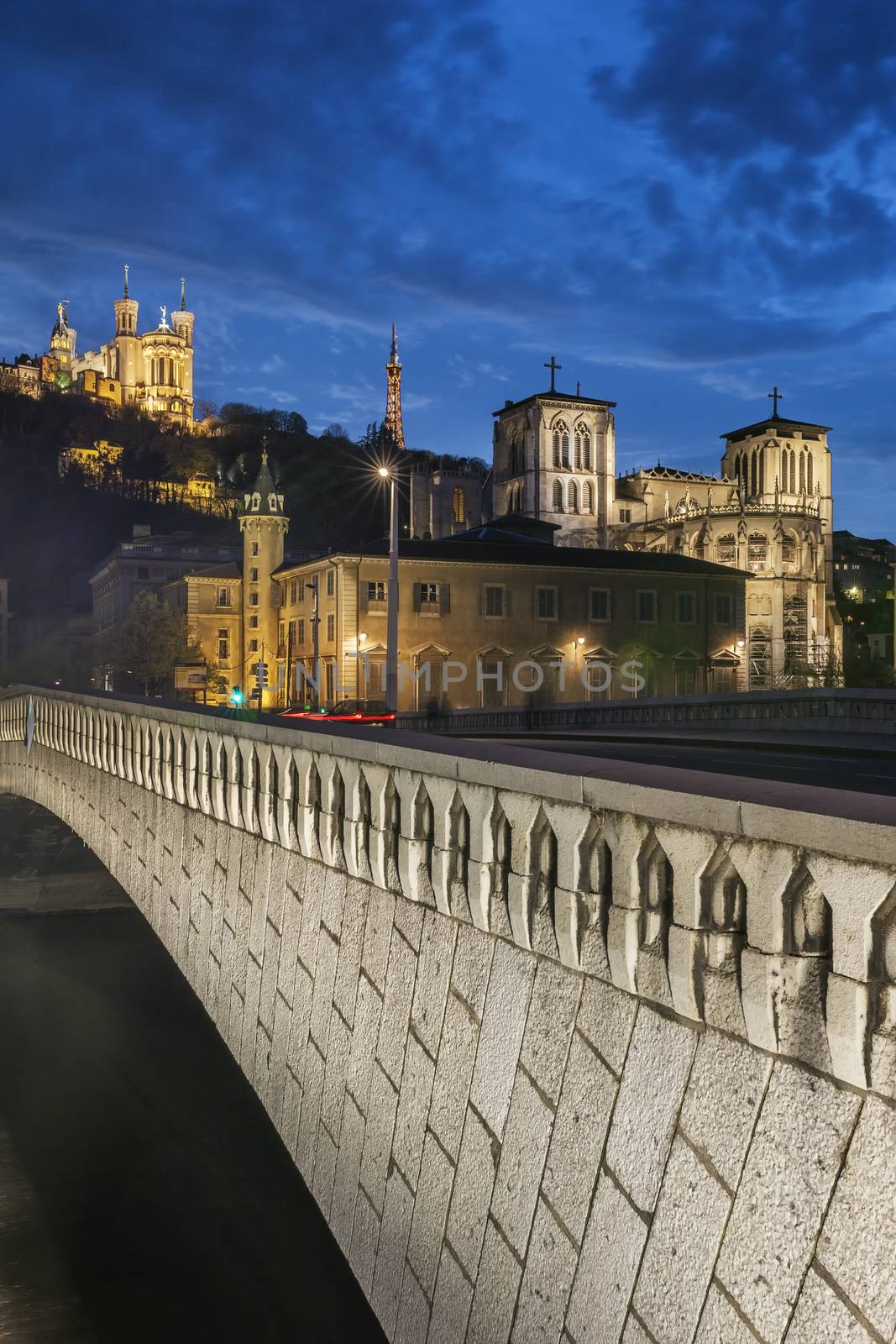 night view from Lyon city near the Fourviere cathedral and Saone river 