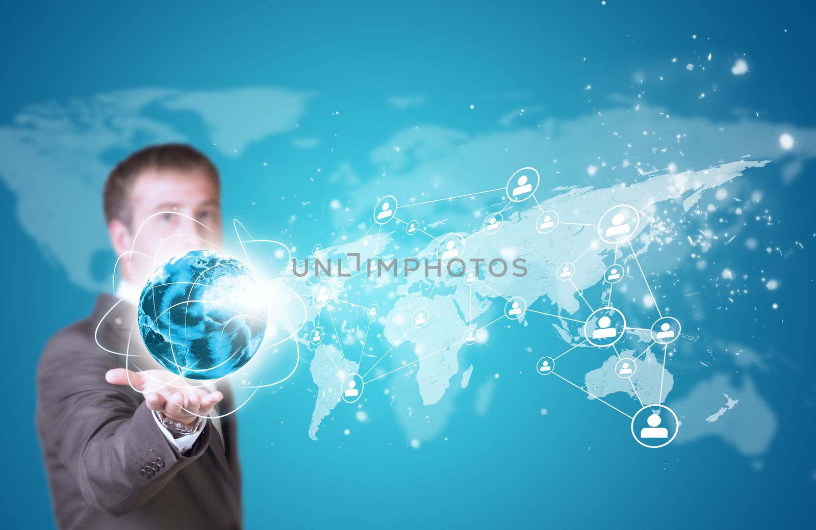 Business man hold Earth in hand. World map with contact icons. Elements of this image are furnished by NASA