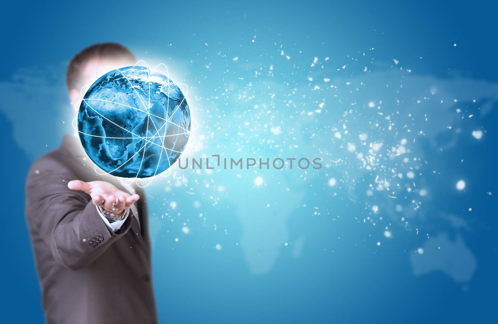 Business man hold Earth in hand. World map as backdrop. Elements of this image are furnished by NASA