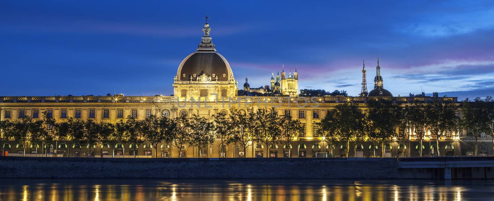 Panoramic view of Lyon at sunset with Rhone river, France. 