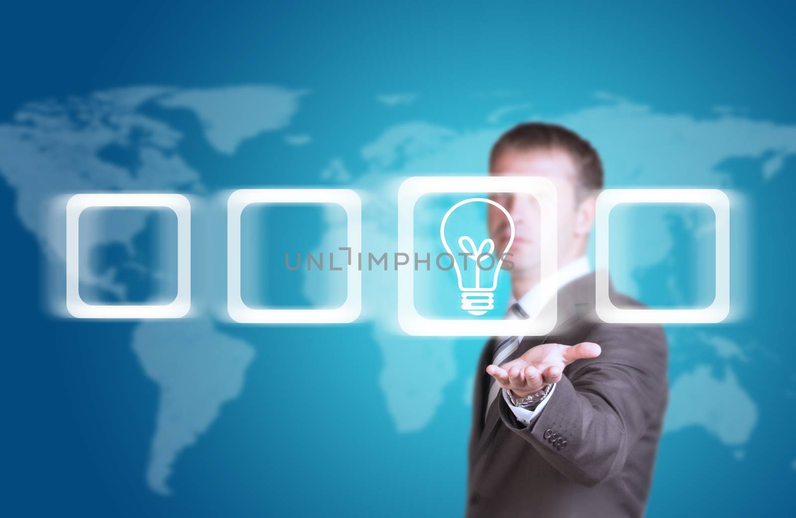 Business man hold frame with bulb in hand. World map as backdrop