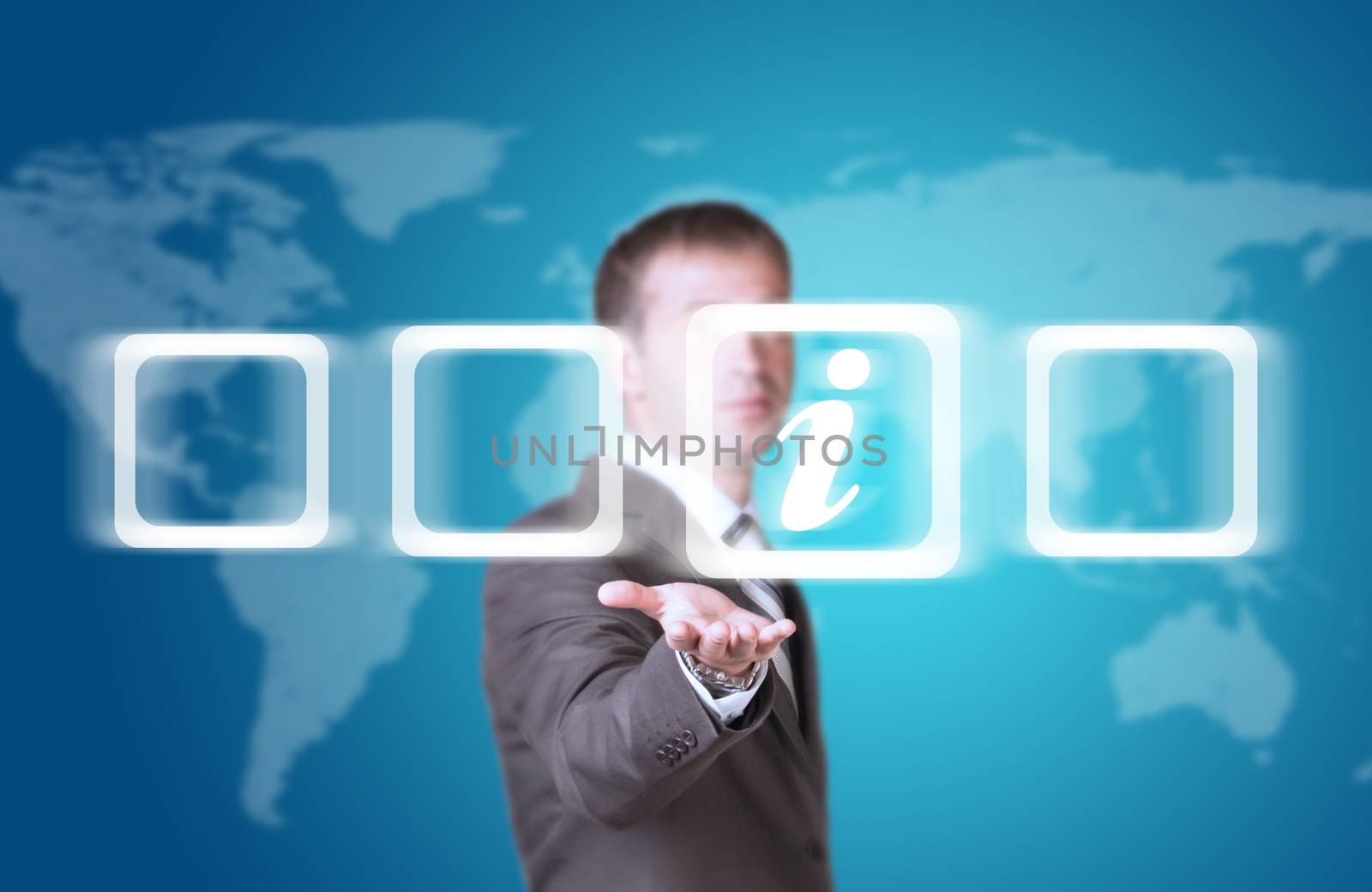 Business man hold frame with letter I in hand. World map as backdrop